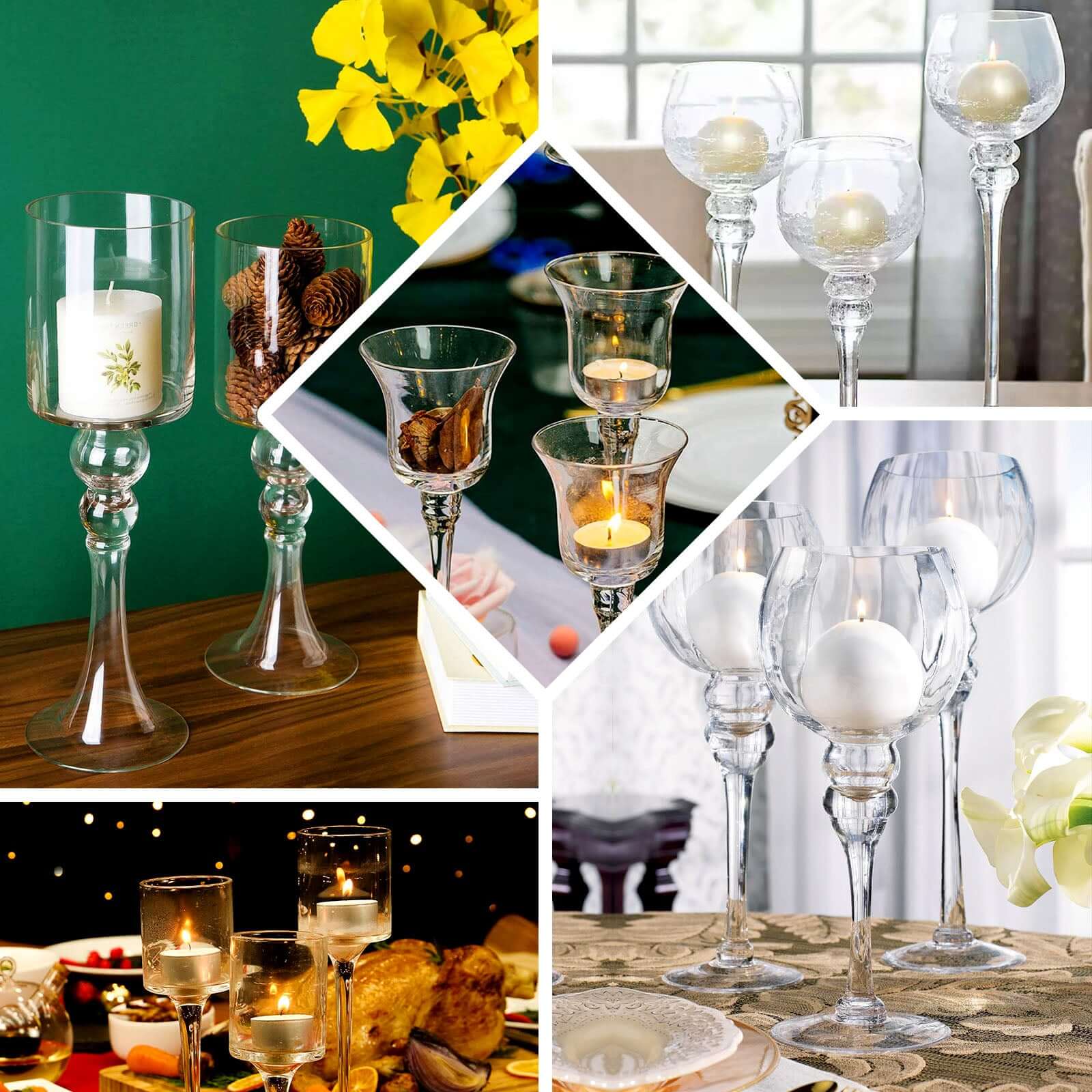 Set of 3 Glass Globe Vases Long Stem Clear - Stylish Candle Holder Floral Centerpieces 12", 14", 16"