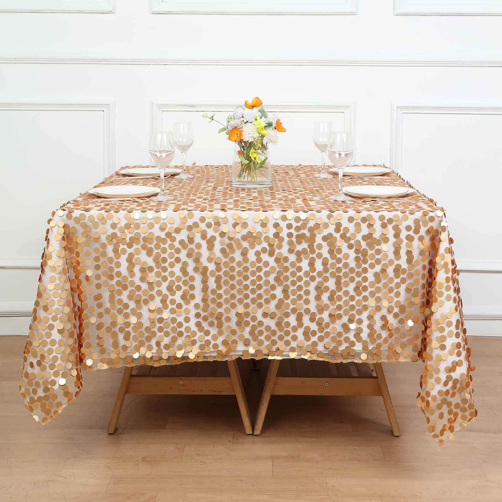Sequin 72"x72" Table Overlay Square Tablecloth Matte Champagne - Big Payette Table Cover