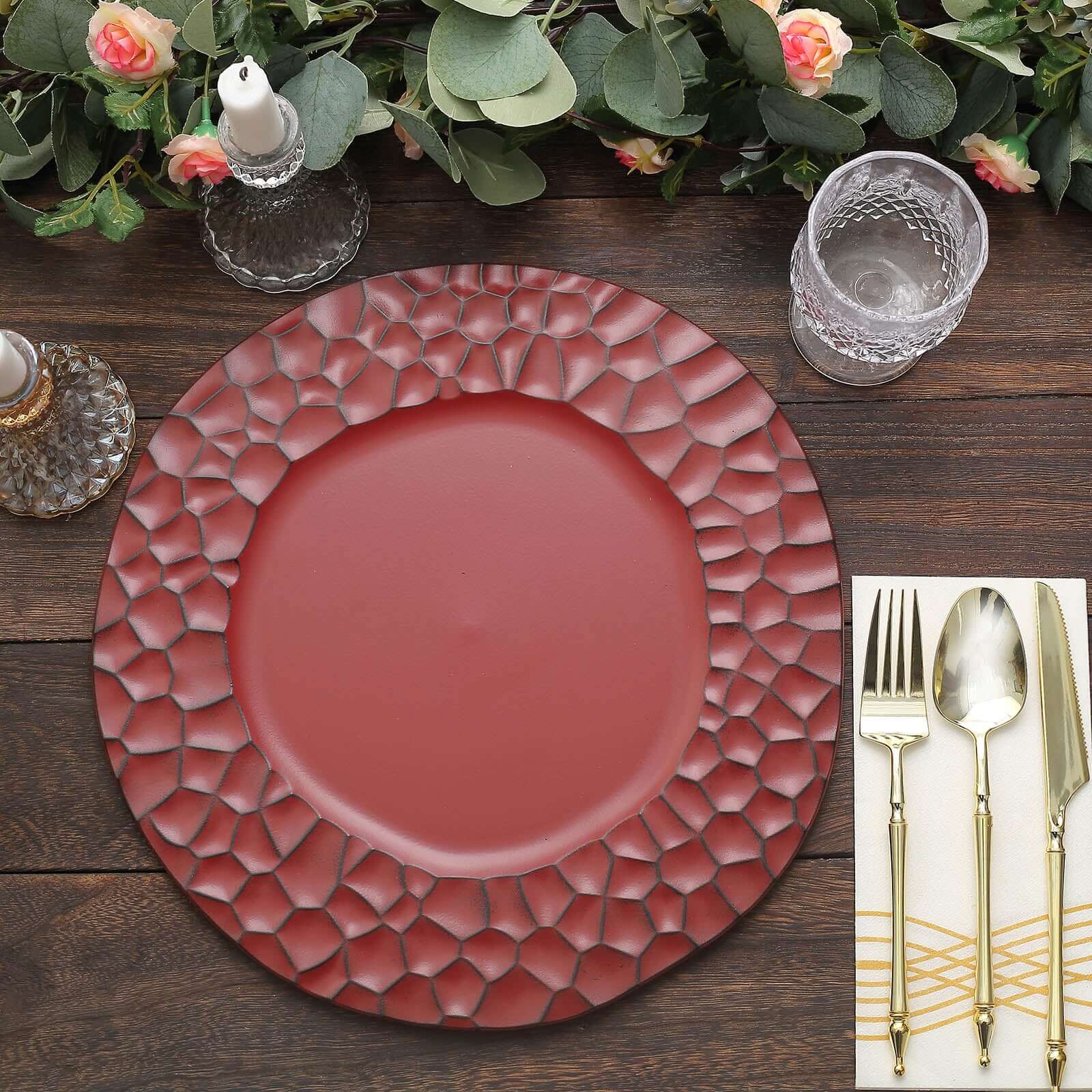 6-Pack Round Charger Plates 13" in Burgundy with Hammered Rim, Matte Finish Modern Dinner Charger Tableware