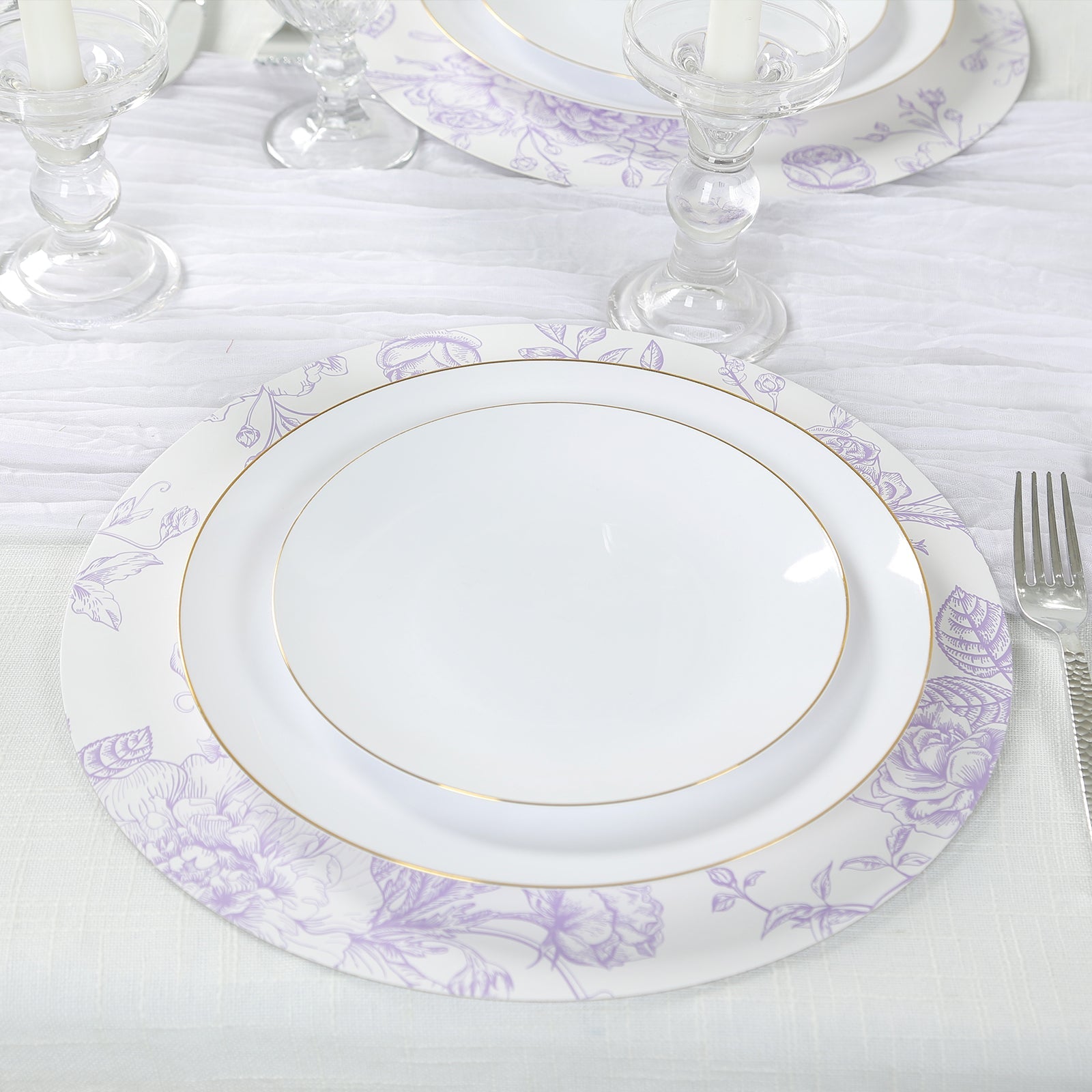 10-Pack Disposable Table Placemats in French Toile Print 13" in White/Matte Lavender - Chic Floral Cardboard Placemats for Stylish Table Setting