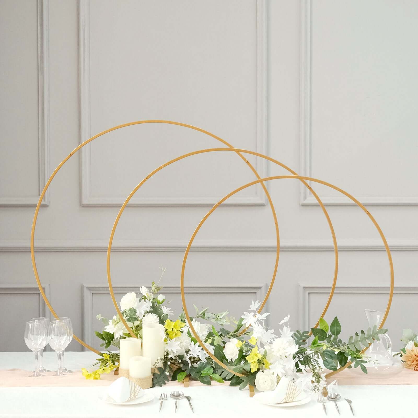 36" Gold Metal Round Hoop Wedding Centerpiece, Self Standing Table Floral Wreath Frame