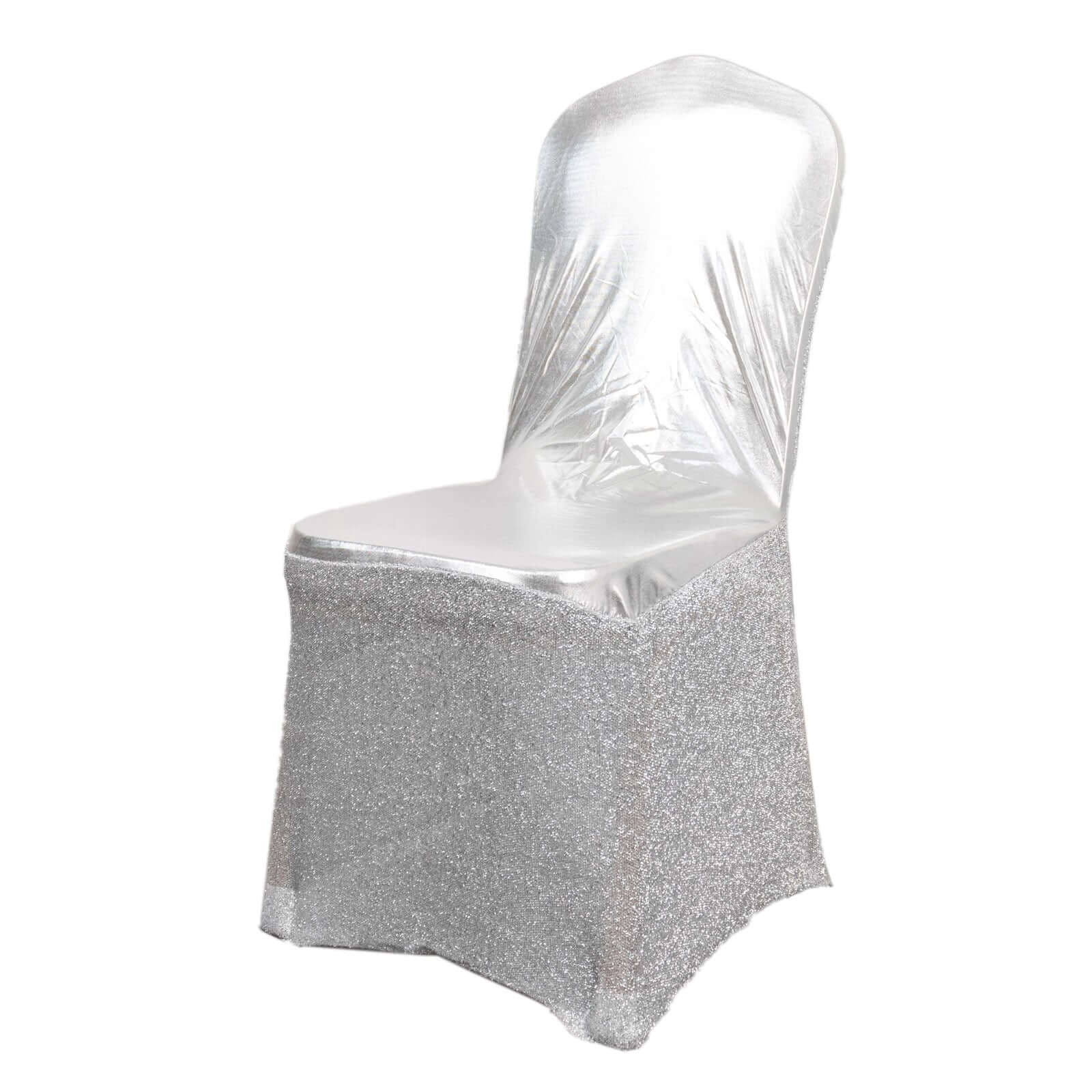 Spandex Banquet Chair Cover Metallic Silver Tinsel with Sash and Rhinestone Buckle - Shimmering Fitted Slipcover