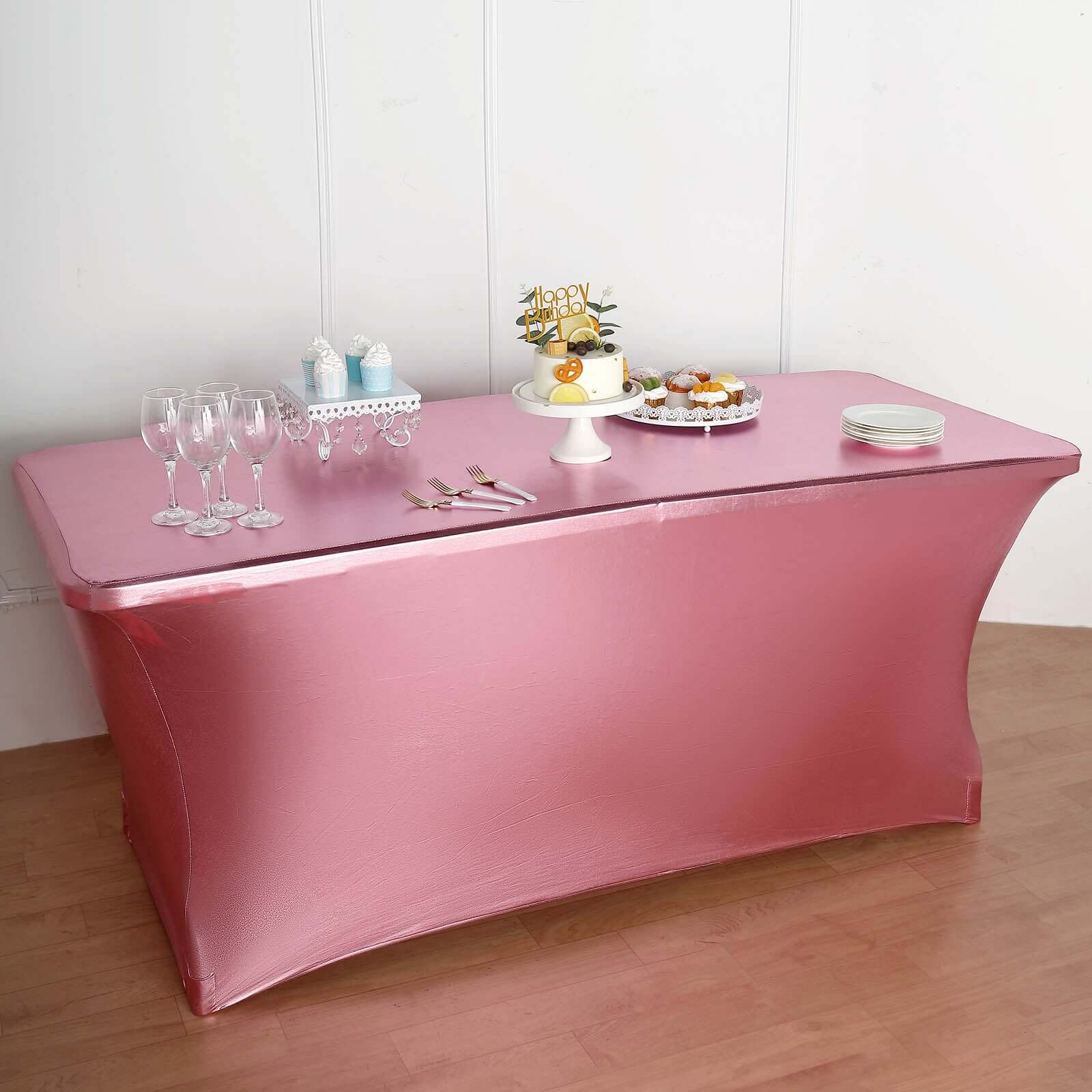 Stretch Spandex 72"x30" Rectangle Tablecloth Metallic Rose Gold - Form-Fitting Table Cover