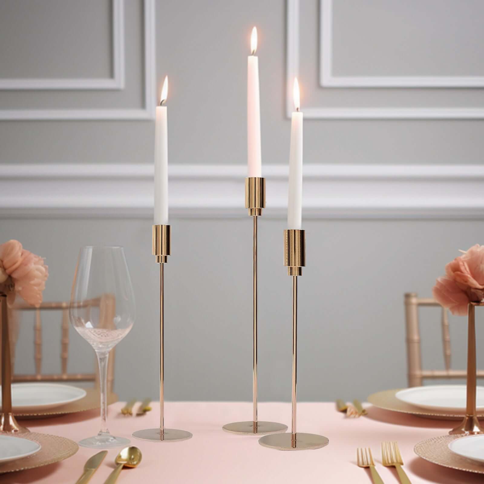 Set of 3 Taper Candle Stands Gold Metal Decorative Round Base Design - Wedding Table Accents 9", 10", 13"