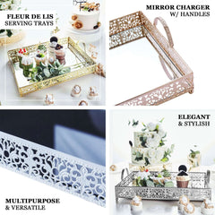 Metal Mirrored Rectangle Serving Tray 16"x12" in White Fleur De Lis Design with Handles, French Inspired Decorative Vanity Tray Centerpiece