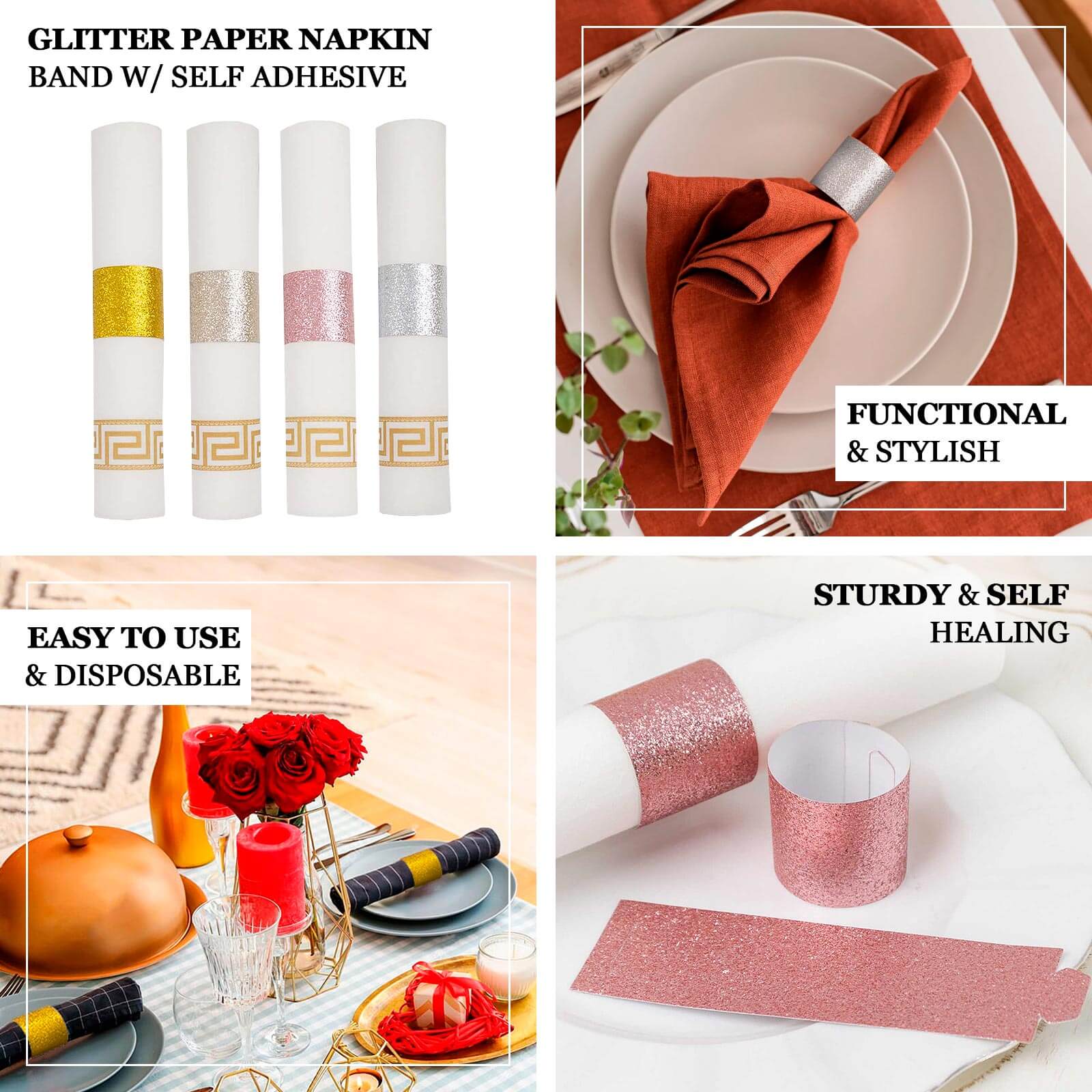 50-Pack Paper Napkin Rings Rose Gold Glitter - Stylish Disposable Napkin Holders 1.5"