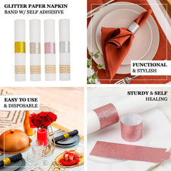 50-Pack Paper Napkin Rings Rose Gold Glitter - Stylish Disposable Napkin Holders 1.5"