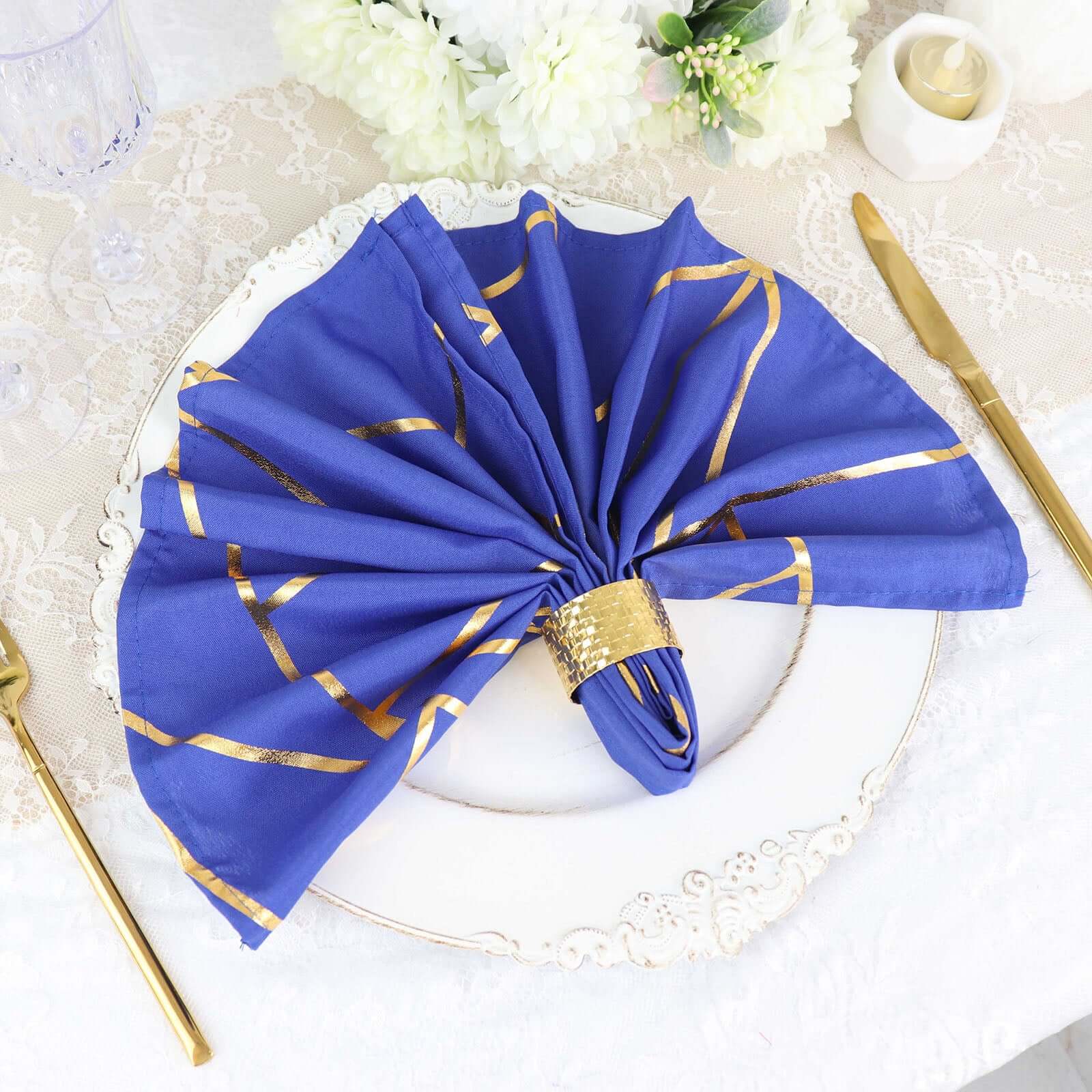 5 Pack Polyester 20"x20" Napkins Royal Blue with Gold Geometric Foil Pattern - Modern Reusable Dinner Napkins