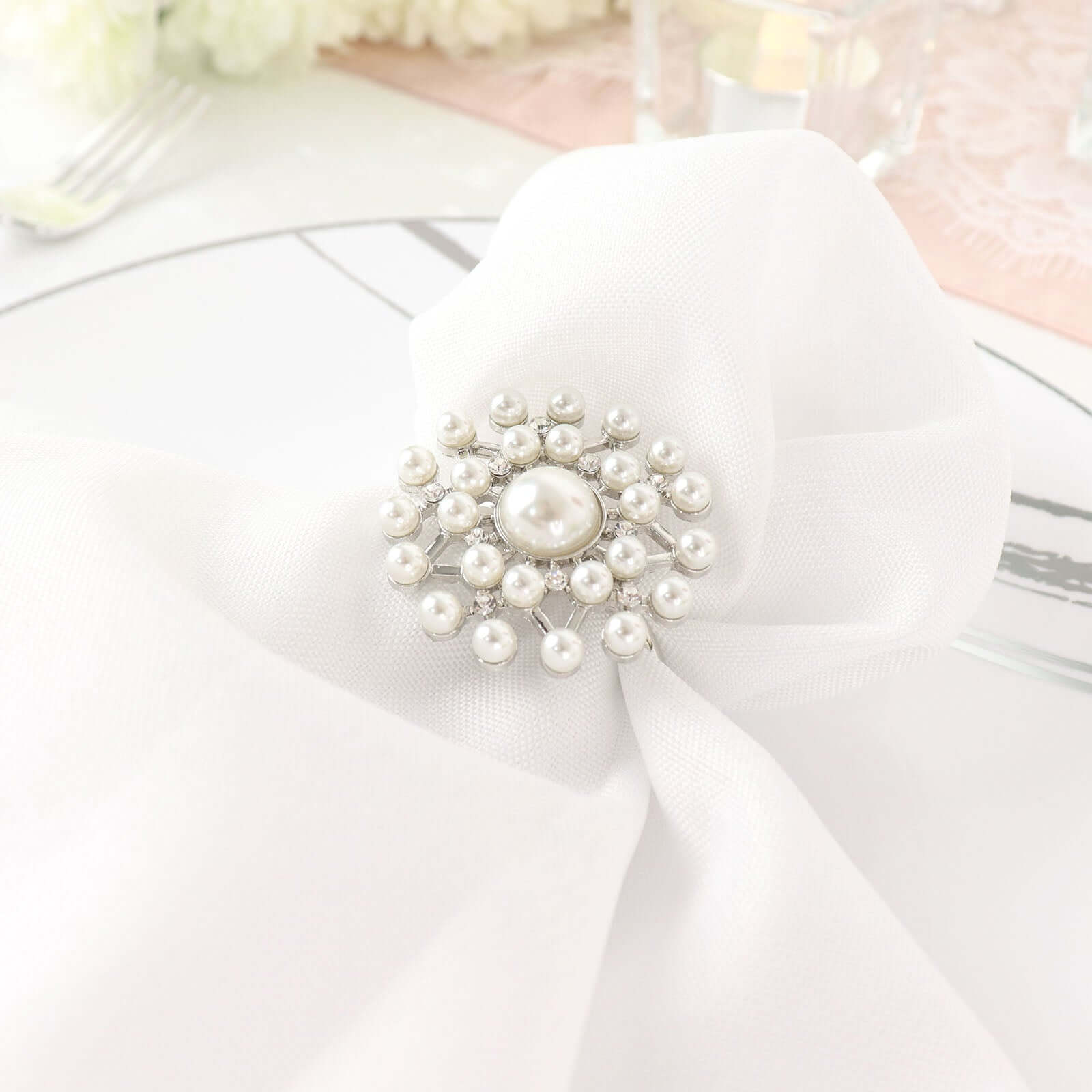 4 Pack Pearl And Diamond Rhinestone Silver Metal Napkin Rings, Decorative Napkin Buckle Holders