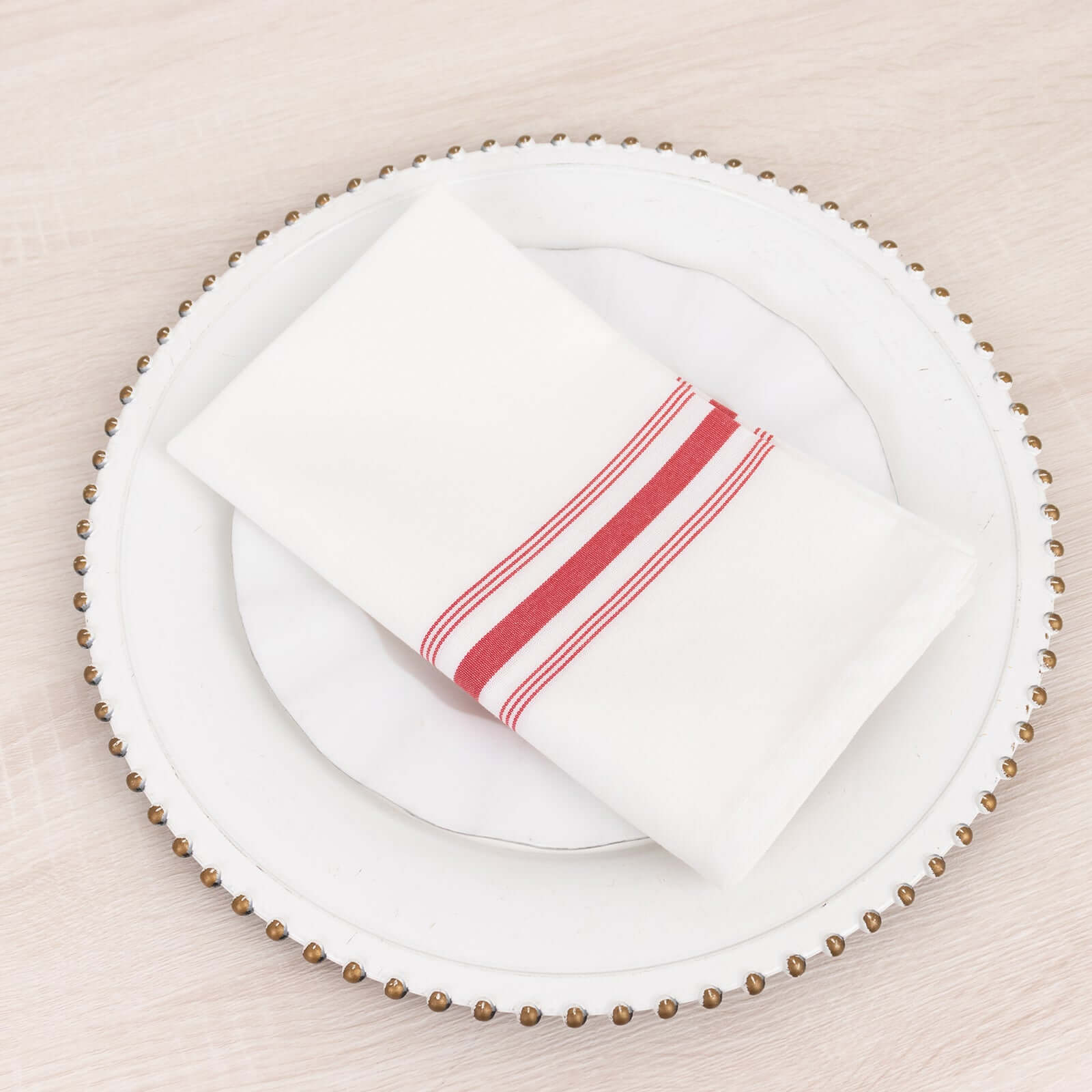 10 Pack Premium Spun Polyester 18"x22" Napkins White/Red Bistro Style - Highly Absorbent Cotton-Like Feel Cloth Napkins
