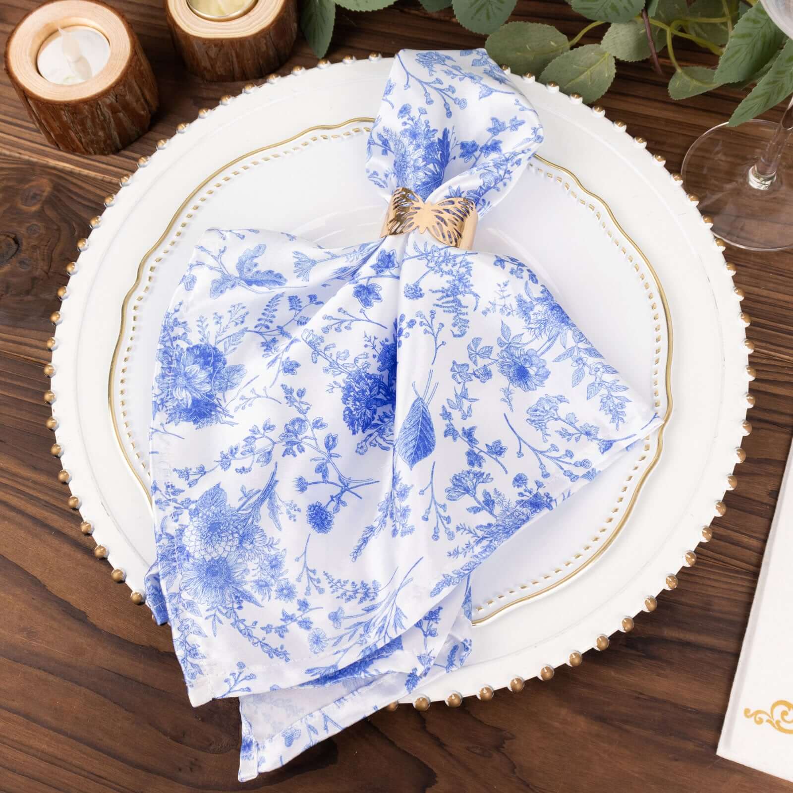5 Pack Satin 20"x20" Napkins White/Blue French Toile Pattern - Classy & Easy to Maintain Cloth Napkins for Weddings & Events