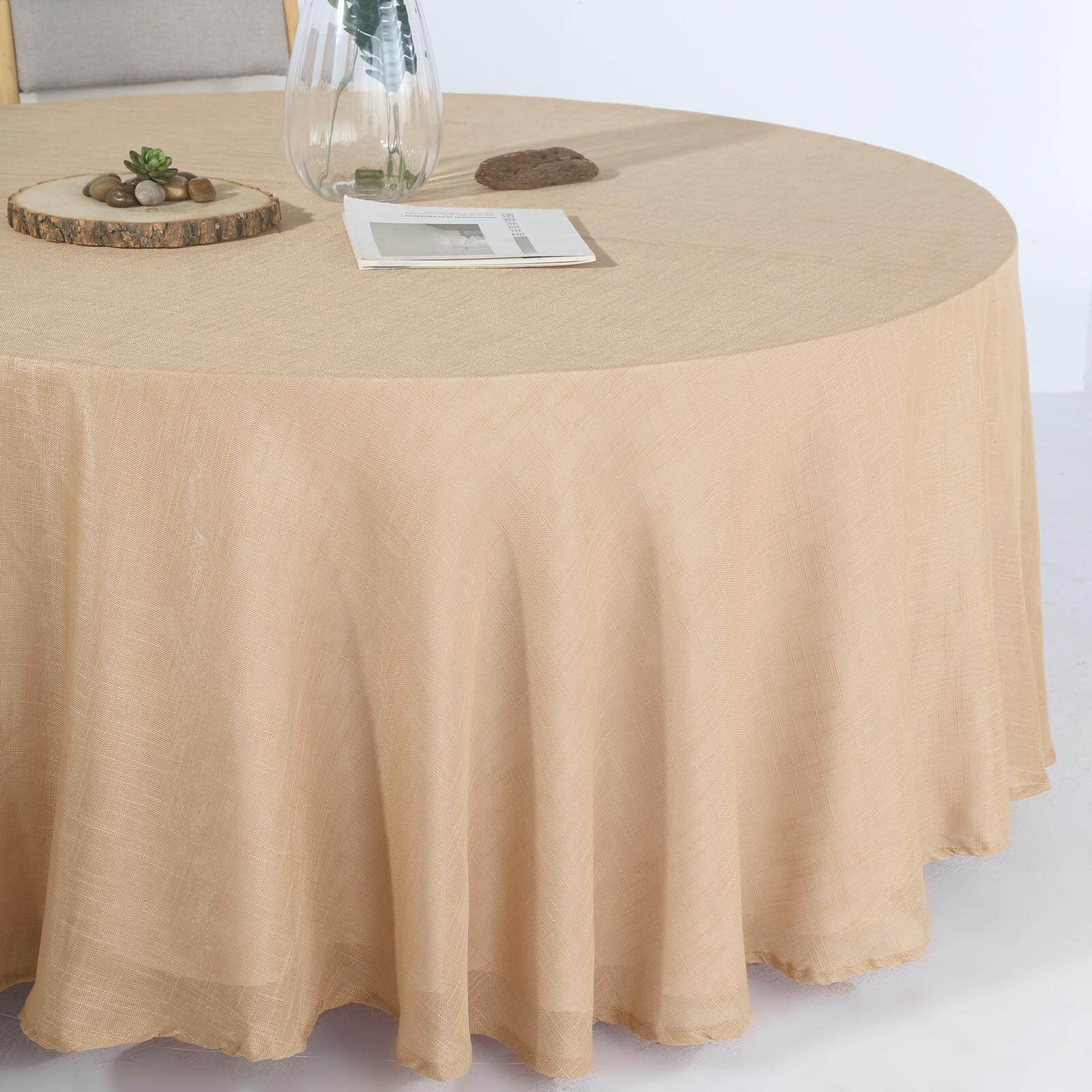 Faux Linen 120" Round Tablecloth Natural - Slubby Texture Wrinkle-Resistant Seamless Table Cover