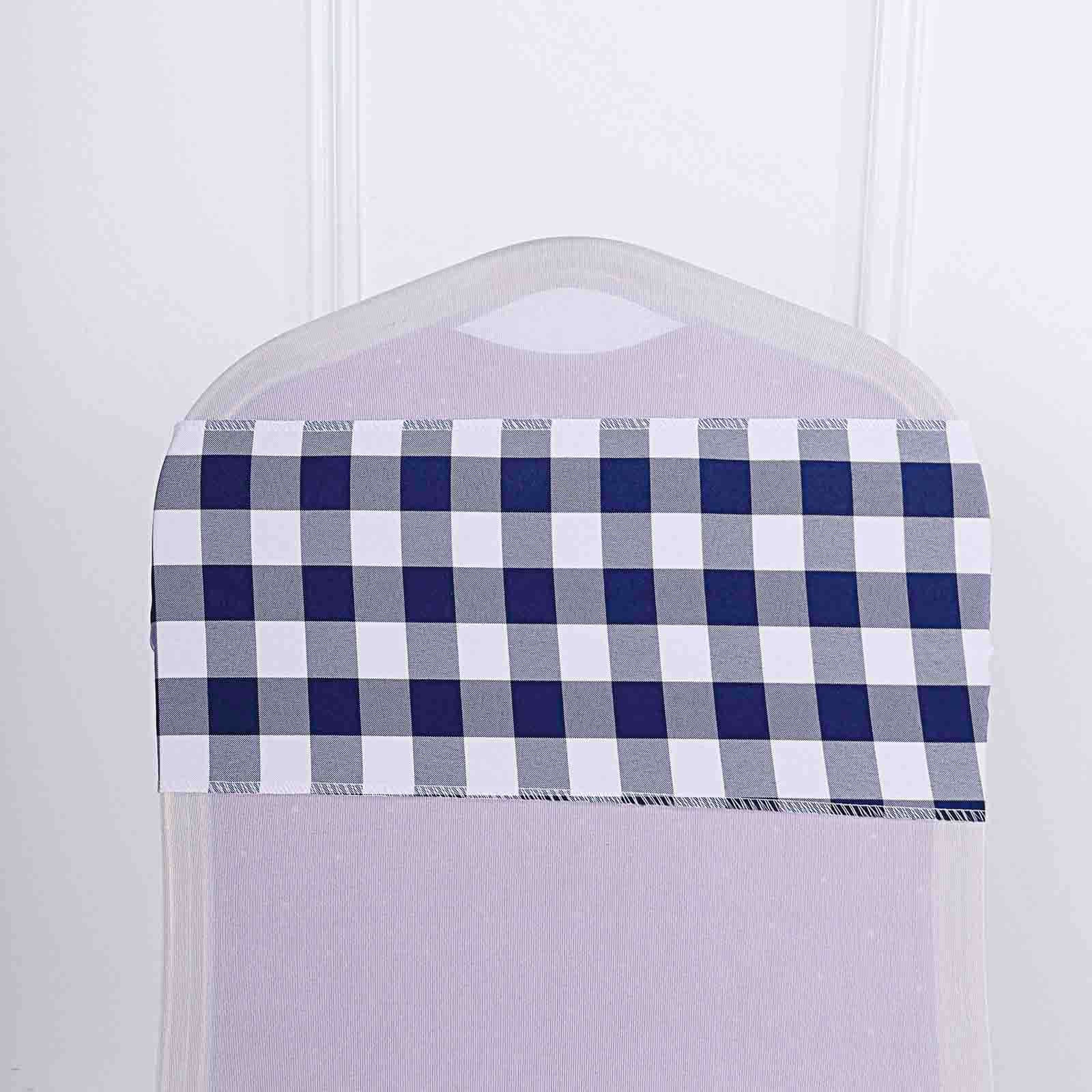 5 Pack Polyester Chair Sashes Navy Blue/White Buffalo Plaid - Durable & Reusable Chair Bows 6"x108"