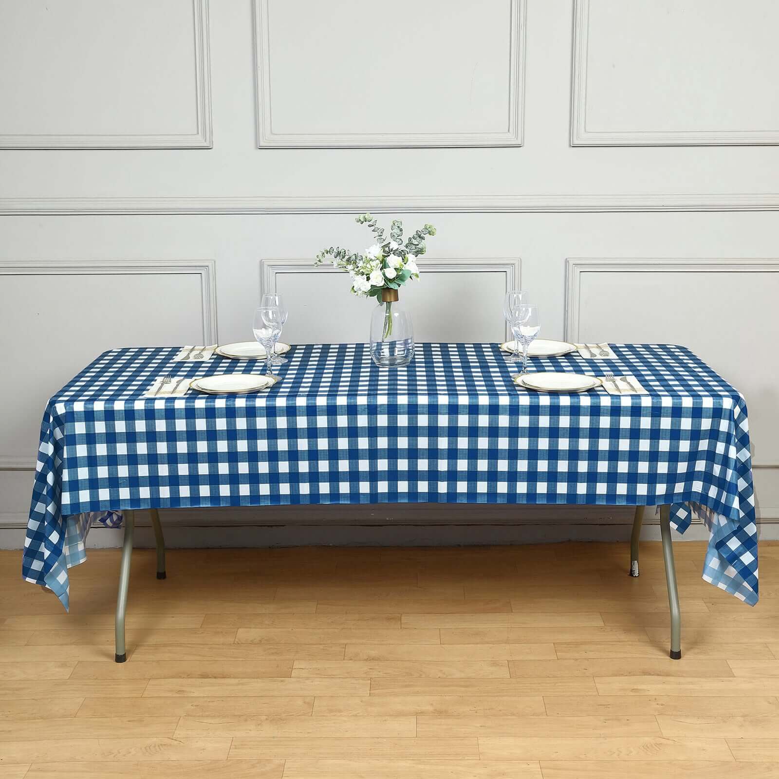 5-Pack Plastic Table Covers Navy Blue Checkered Rectangle - Durable PVC Disposable Covers for Events 54"x108"