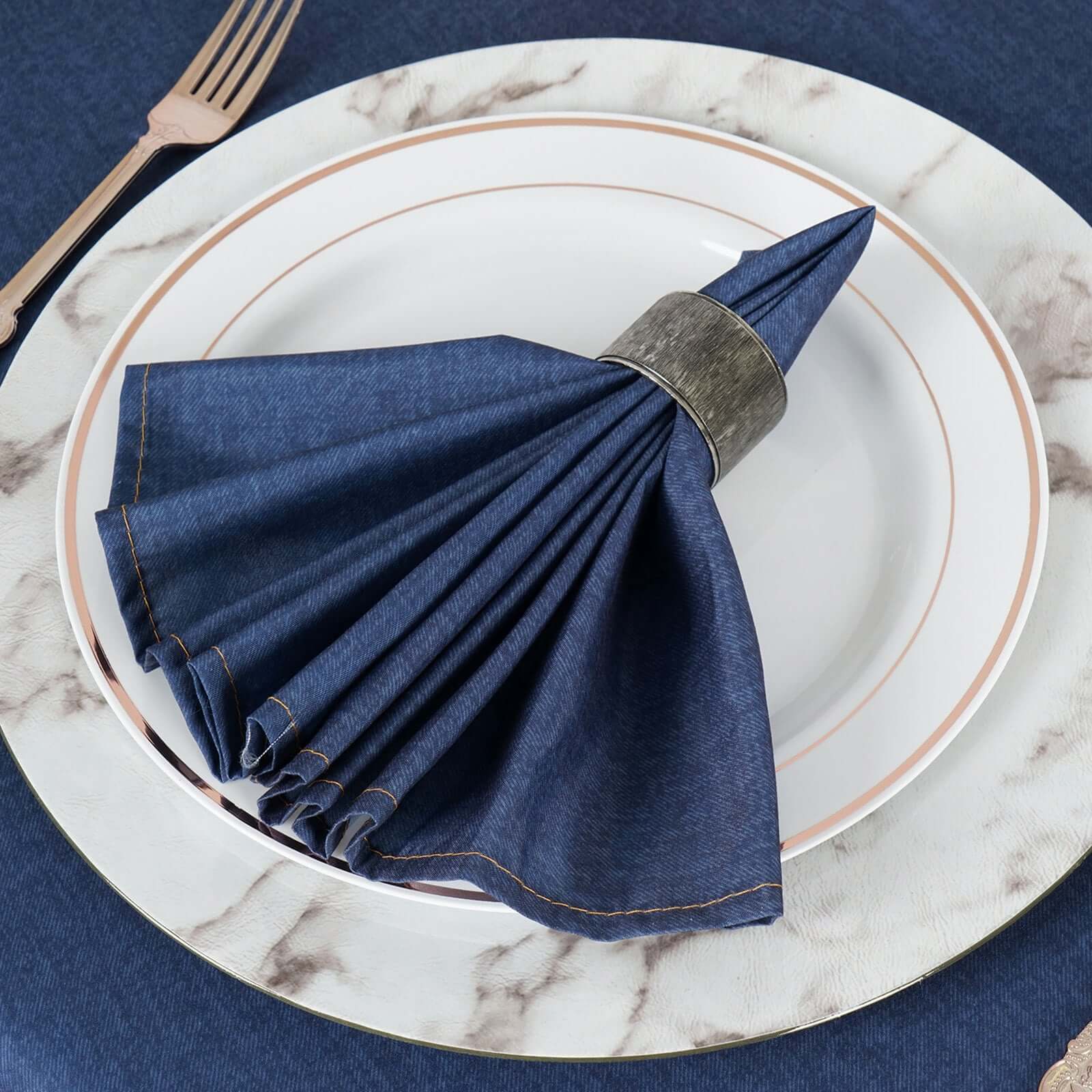 5 Pack Polyester 17"x17" Napkins Navy Blue Faux Denim Style Dinner Napkins for Casual Gatherings & Themed Events