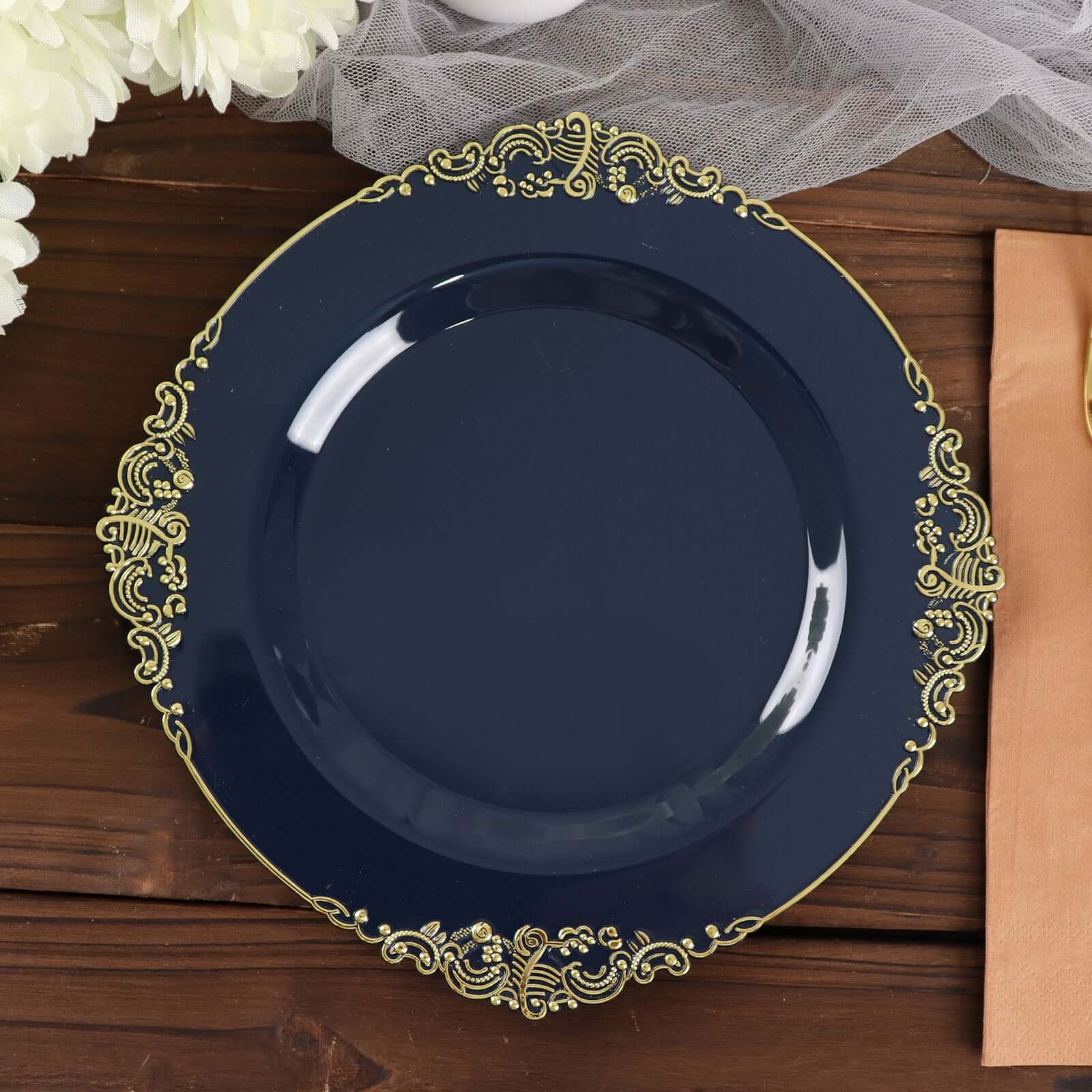 10-Pack Plastic 8" Round Dessert Plates in Navy Blue with Gold Leaf Embossed Rim - Disposable Vintage Baroque Style Salad Plates