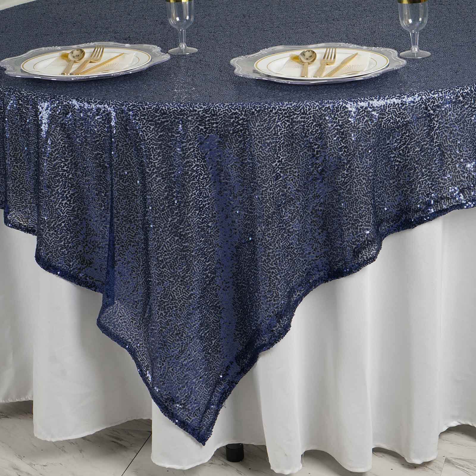 Sequin 90"x90" Table Overlay Square Tablecloth Navy Blue - Sparkly Table Cover