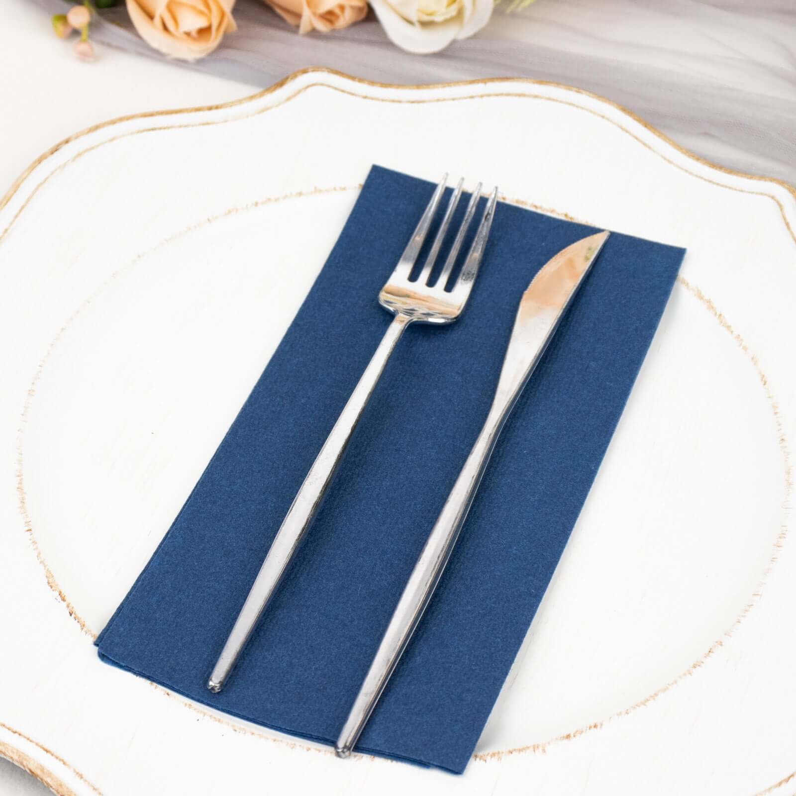 20 Pack Linen-Like Paper 8.5"x4" Napkins Navy Blue - Highly Absorbent & Disposable Airlaid Guest Towels