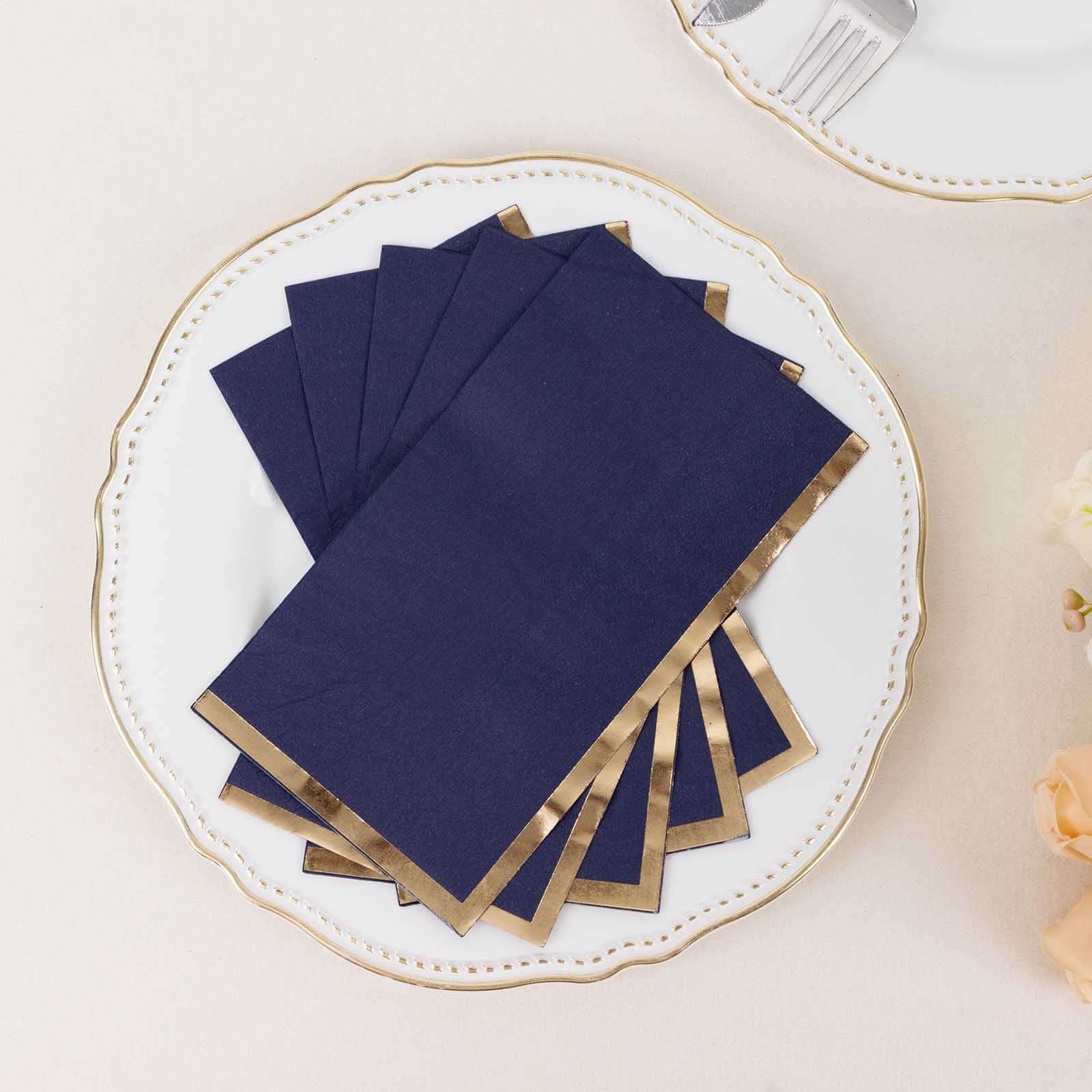 50-Pack Paper Dinner Napkins Navy Blue with Gold Foil Edge 2 Ply - Stylish Disposable Napkins