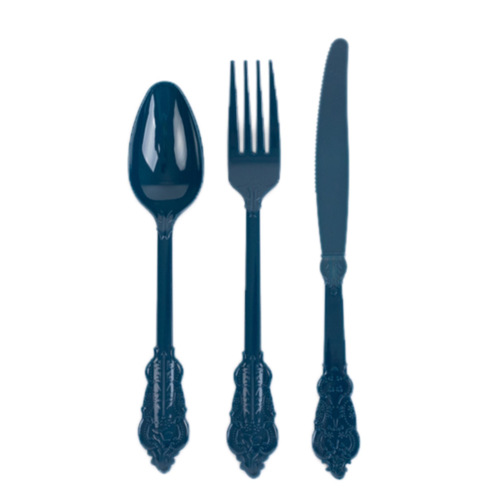 72 Pcs Plastic Silverware Set in Baroque Style Navy Blue - Heavy Duty Disposable Knife, Fork, and Spoon Set