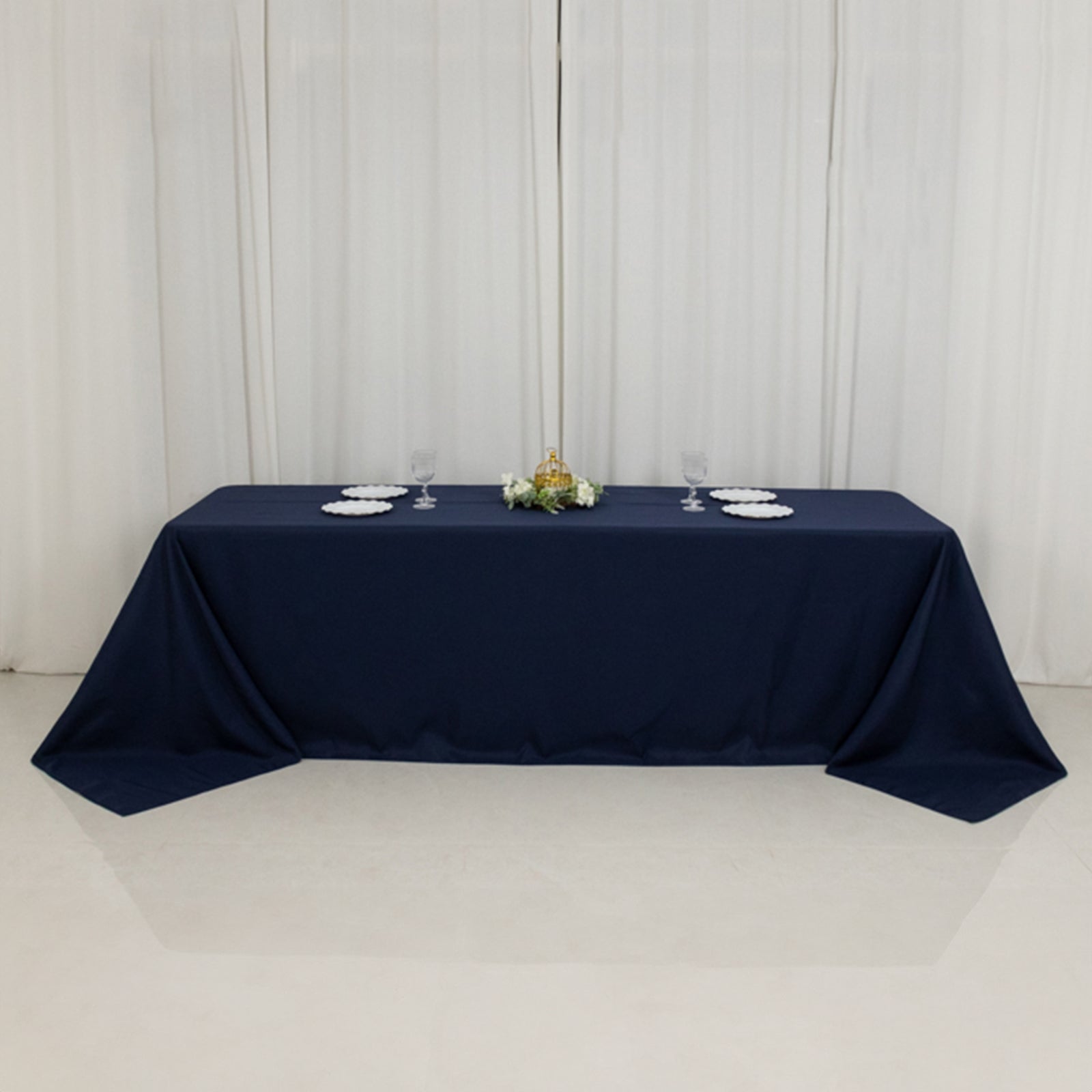 Fire Retardant Premium Polyester 90"x156" Rectangular Tablecloth Navy Blue - High-Performance Seamless Table Cover