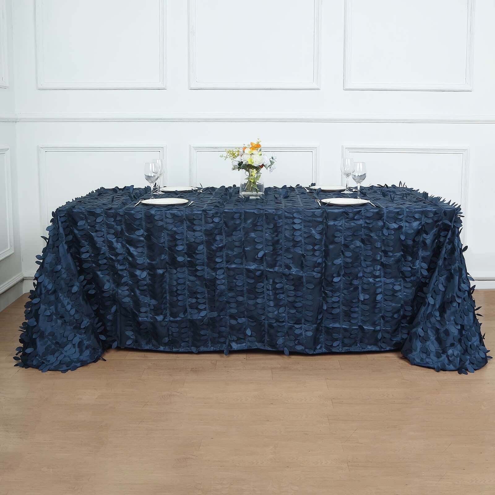 Taffeta 90"x156" Rectangle Tablecloth Navy Blue | 3D Leaf Petal Design Seamless Table Cover