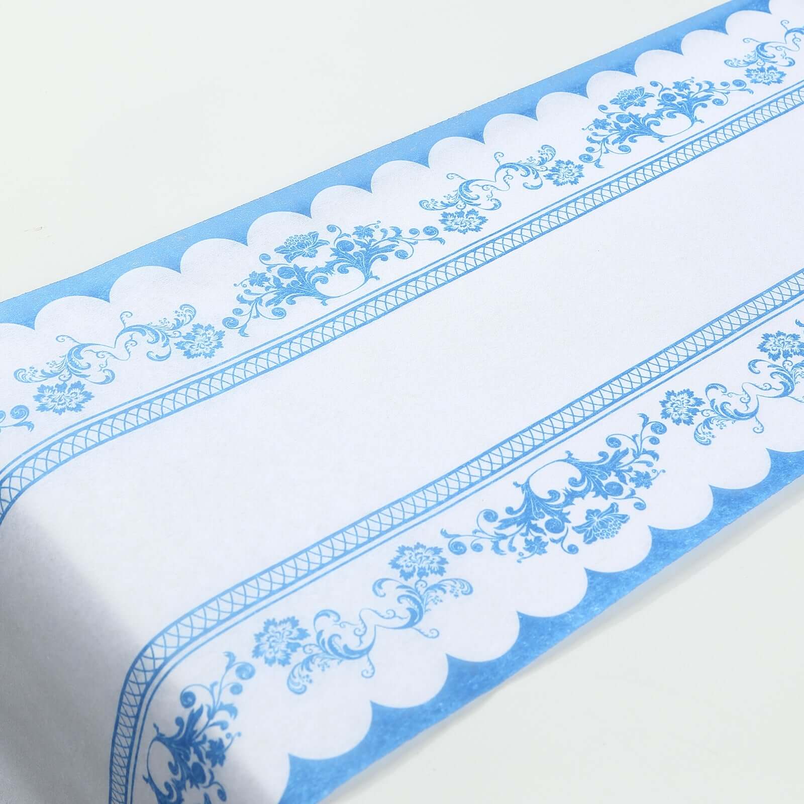 5 Pack Disposable Table Runners 11"x108" White with Blue Ornate Floral Prints - Non-woven Stylish Kitchen Dining Table Decor
