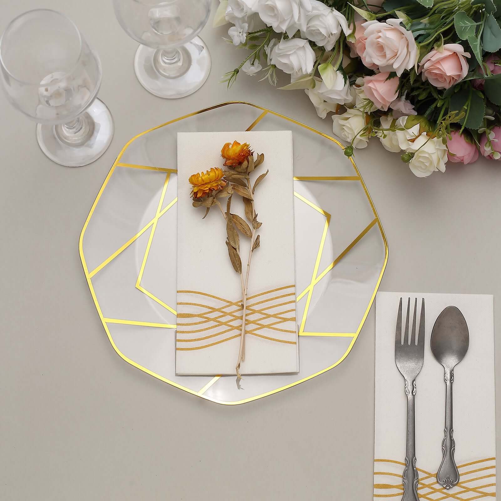 10-Pack Plastic 10" Octagon Dinner Plates in Clear - Modern Disposable Party Plates with Gold Geometric Design for Special Occasions & Celebrations