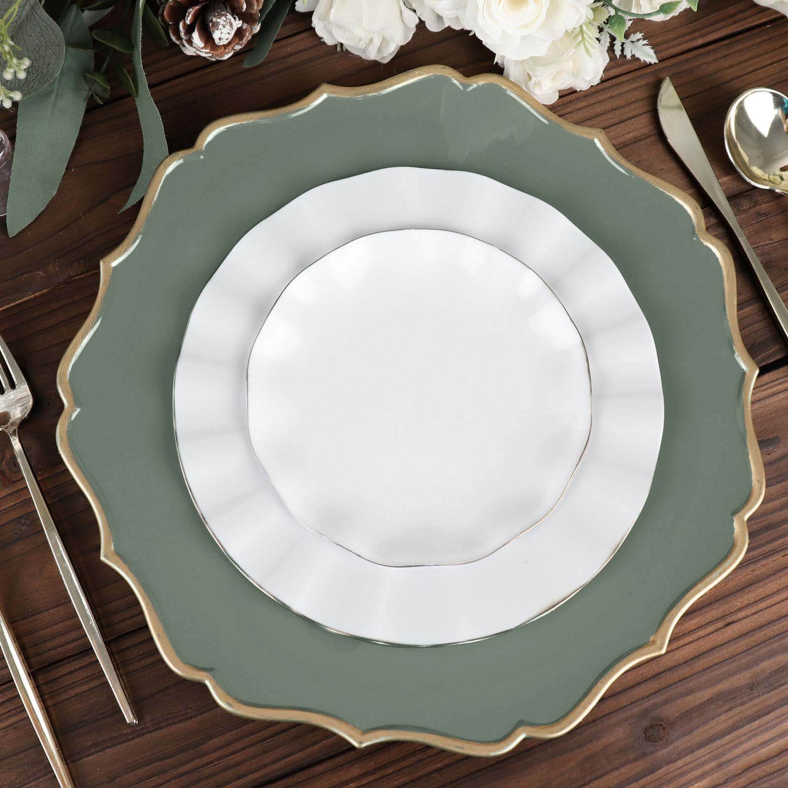 6-Pack Acrylic Round Charger Plates 13" in Olive Green with Gold Scalloped Rim, Decorative Dinner Party Plastic Charger Tableware