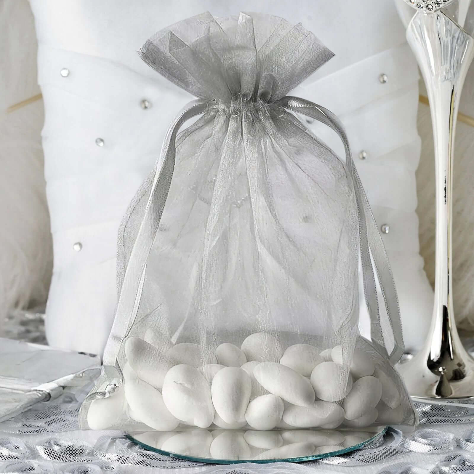 10 Pack 5"x7" Silver Organza Drawstring Wedding Party Favor Gift Bags
