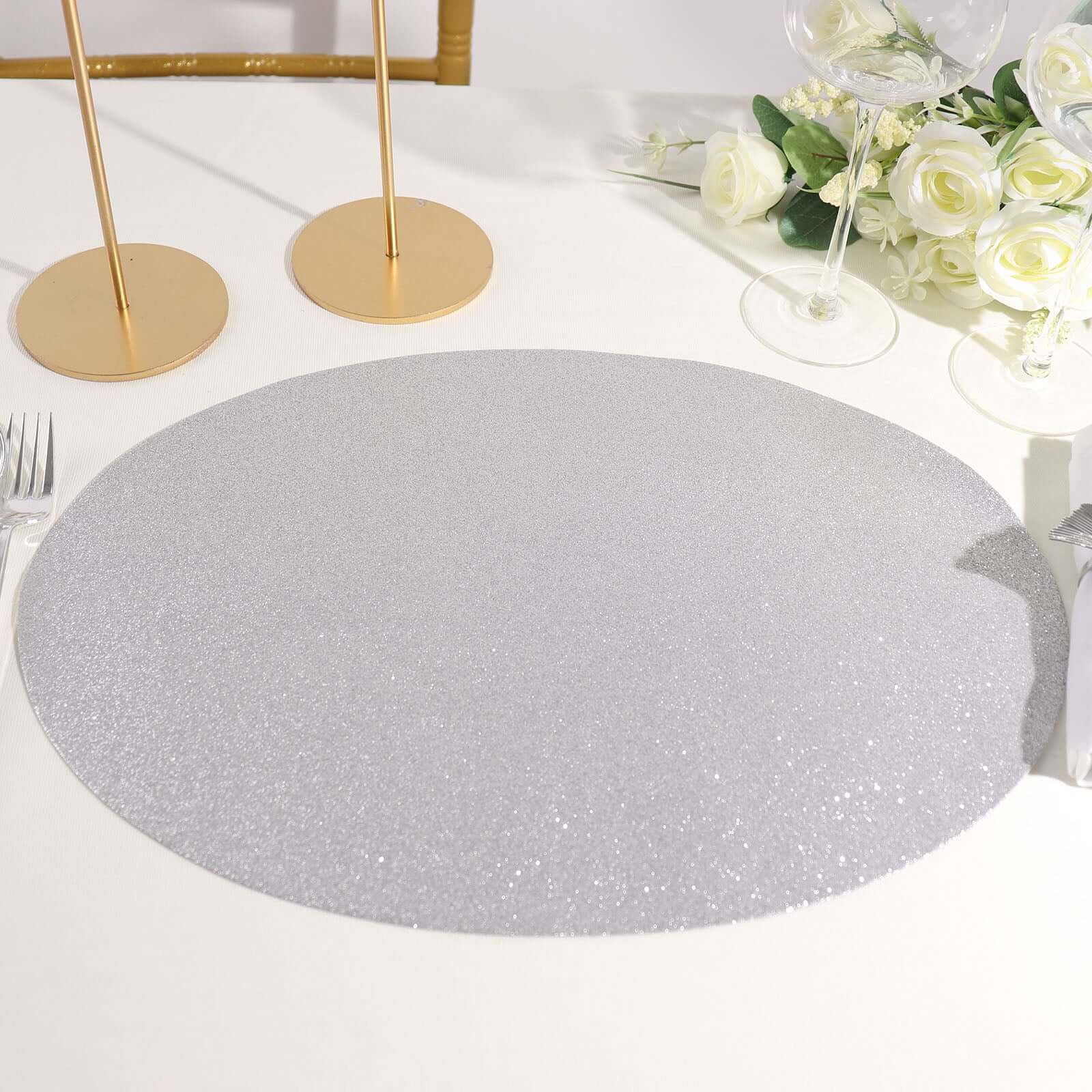 6-Pack Placemats Glitter Design Silver Sparkle Oval - Non-Slip Decorative Table Mats for Dining 12"x18"