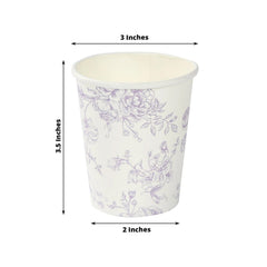 24-Pack Paper Cups in White with Lavender Lilac French Toile Print - Stylish Disposable Floral Party Cups for Weddings & All Purpose Use 9oz