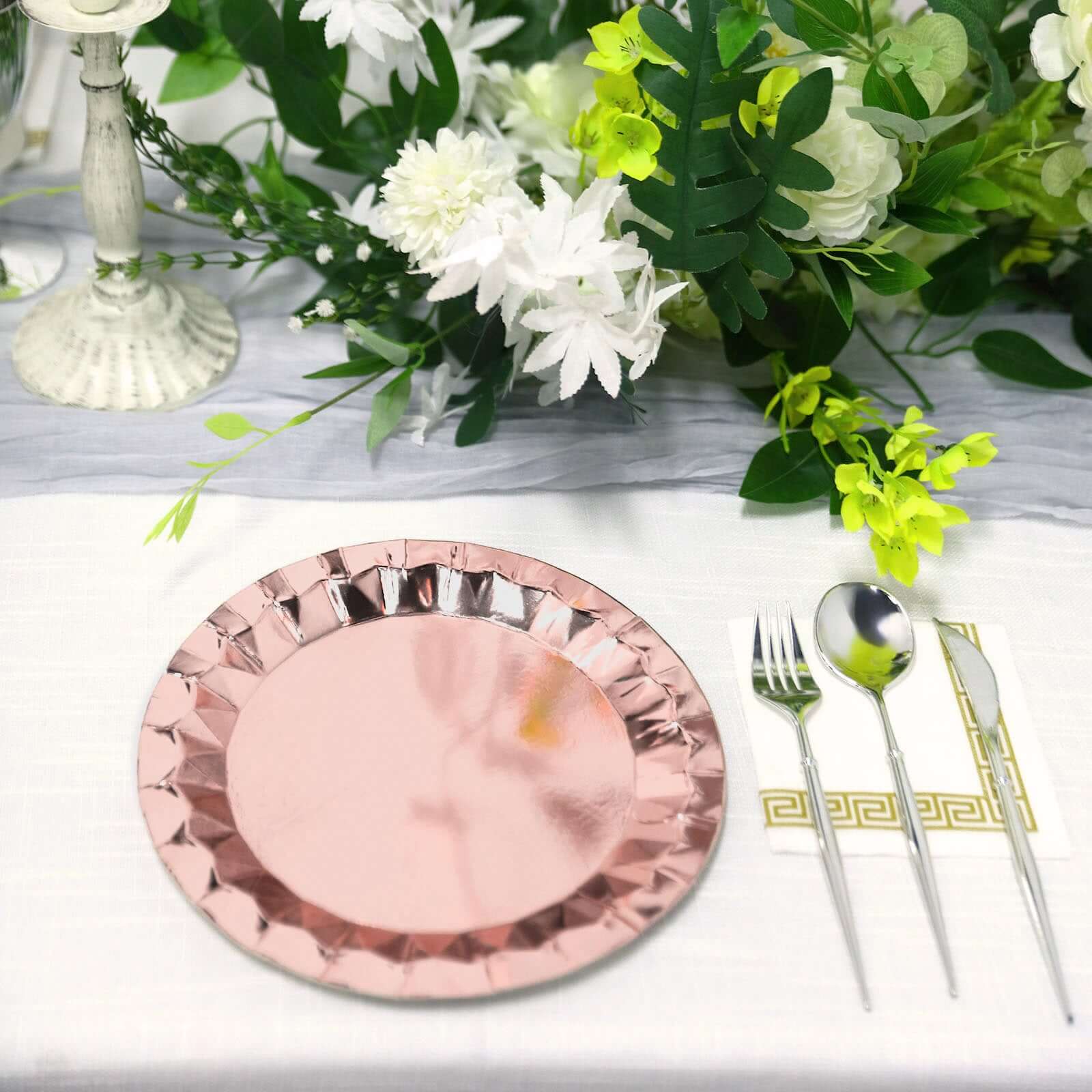 25-Pack Paper 9" Round Dinner Plates in Metallic Rose Gold with Geometric Prism Rim - Disposable 400GSM Party Plates