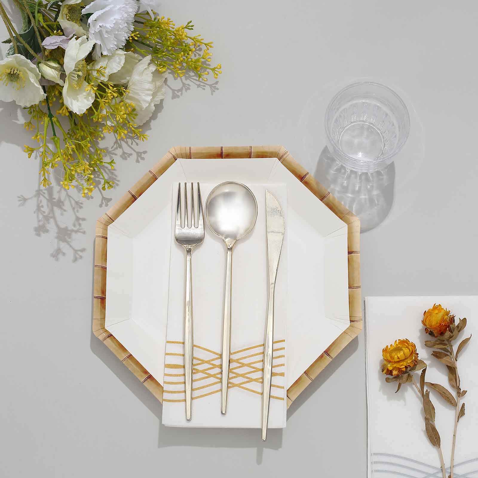 25-Pack Paper 9" Octagonal Dinner Plates in White with Bamboo Print Rim - Disposable Geometric Party Plates for Tropical & Beach Themed Celebrations