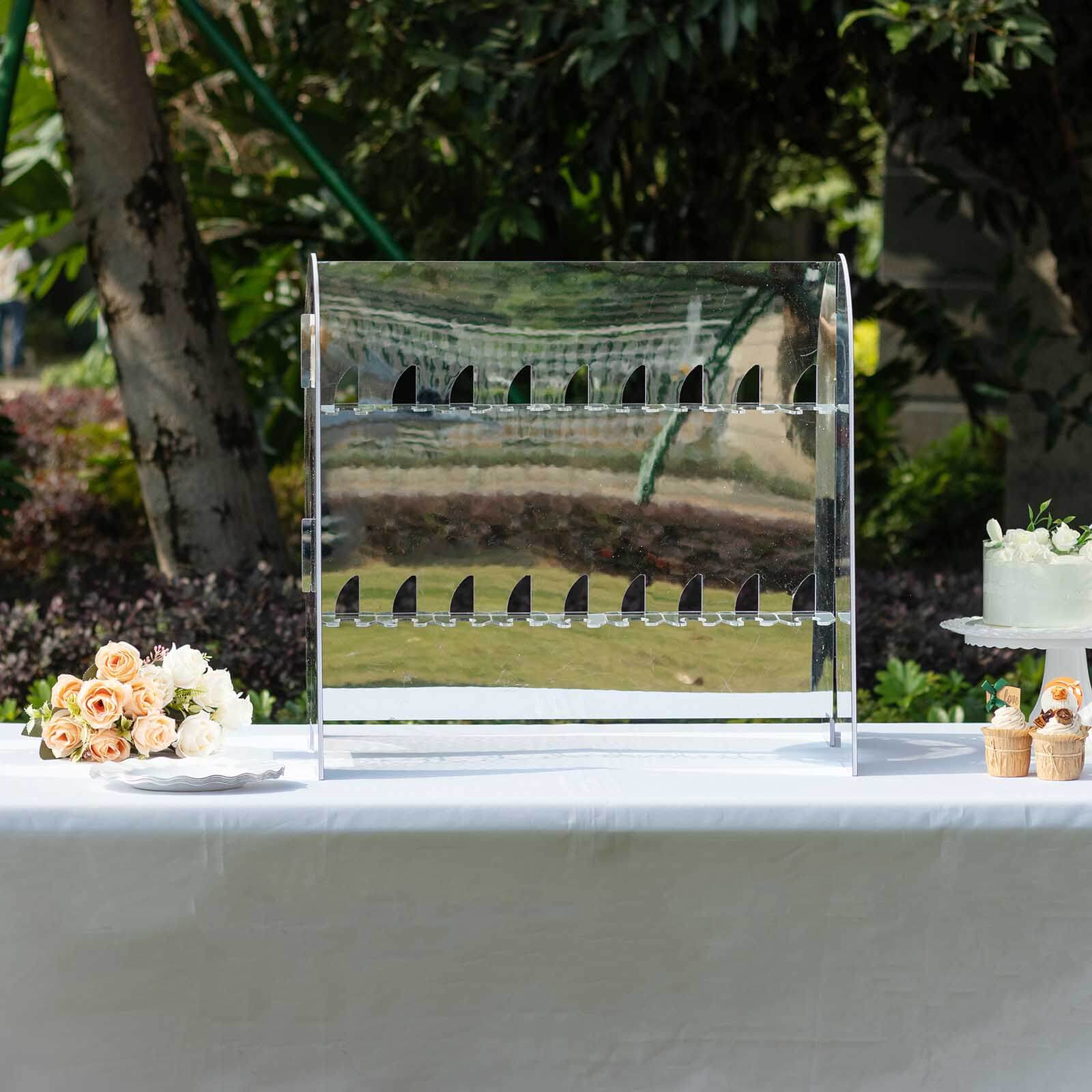 2-Tier Champagne Glass Holder Display Stand Table Top in Silver Mirror Finish - Modern Stemware Rack Cocktail Drink Holder with 18 Hooks for Events & DIY Bars 25"