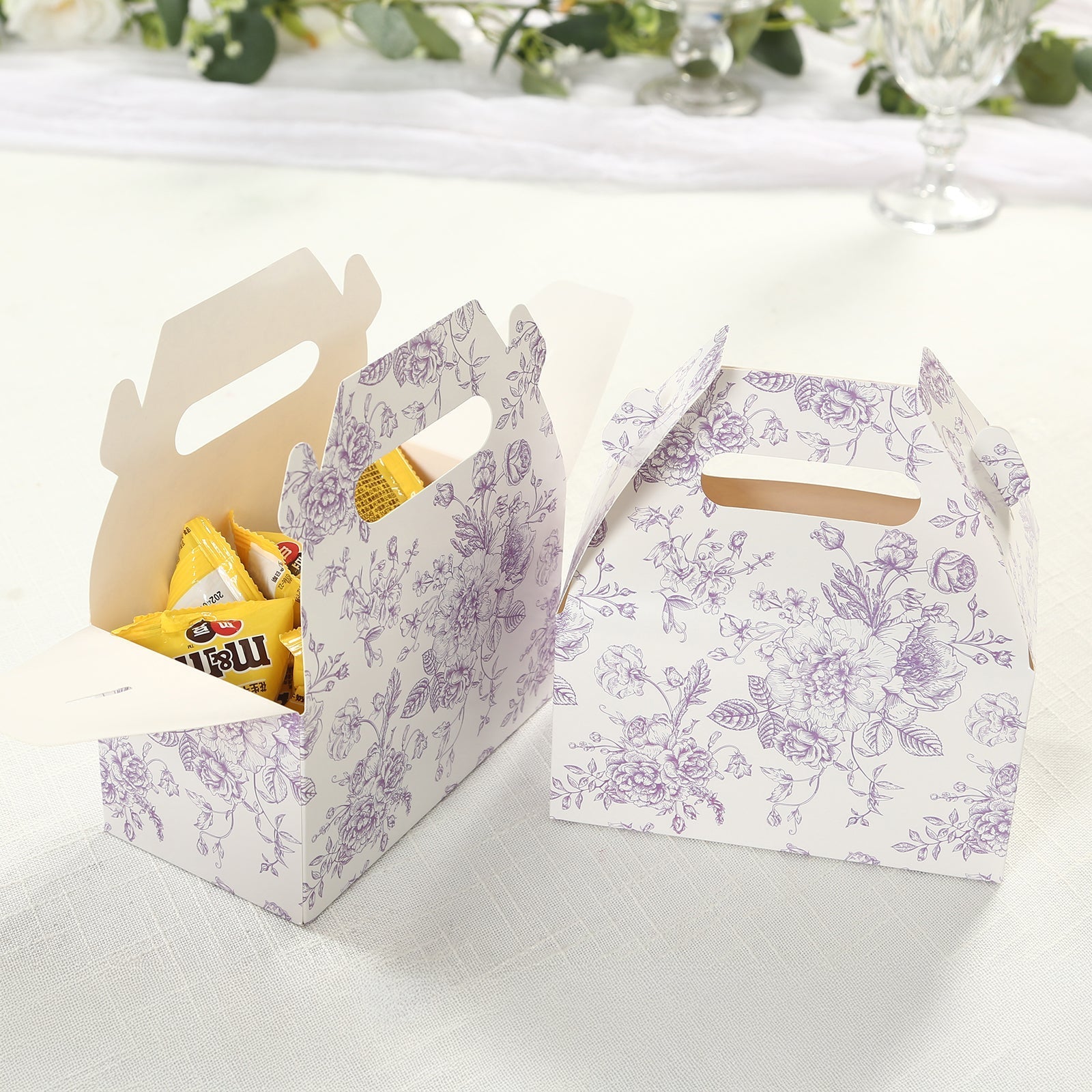 25 Pack Candy Treat Tote Boxes in French Toile Pattern - Matte Lavender and White Party Favor Gable Boxes, Cardstock Paper - 6"x3.5"x7"