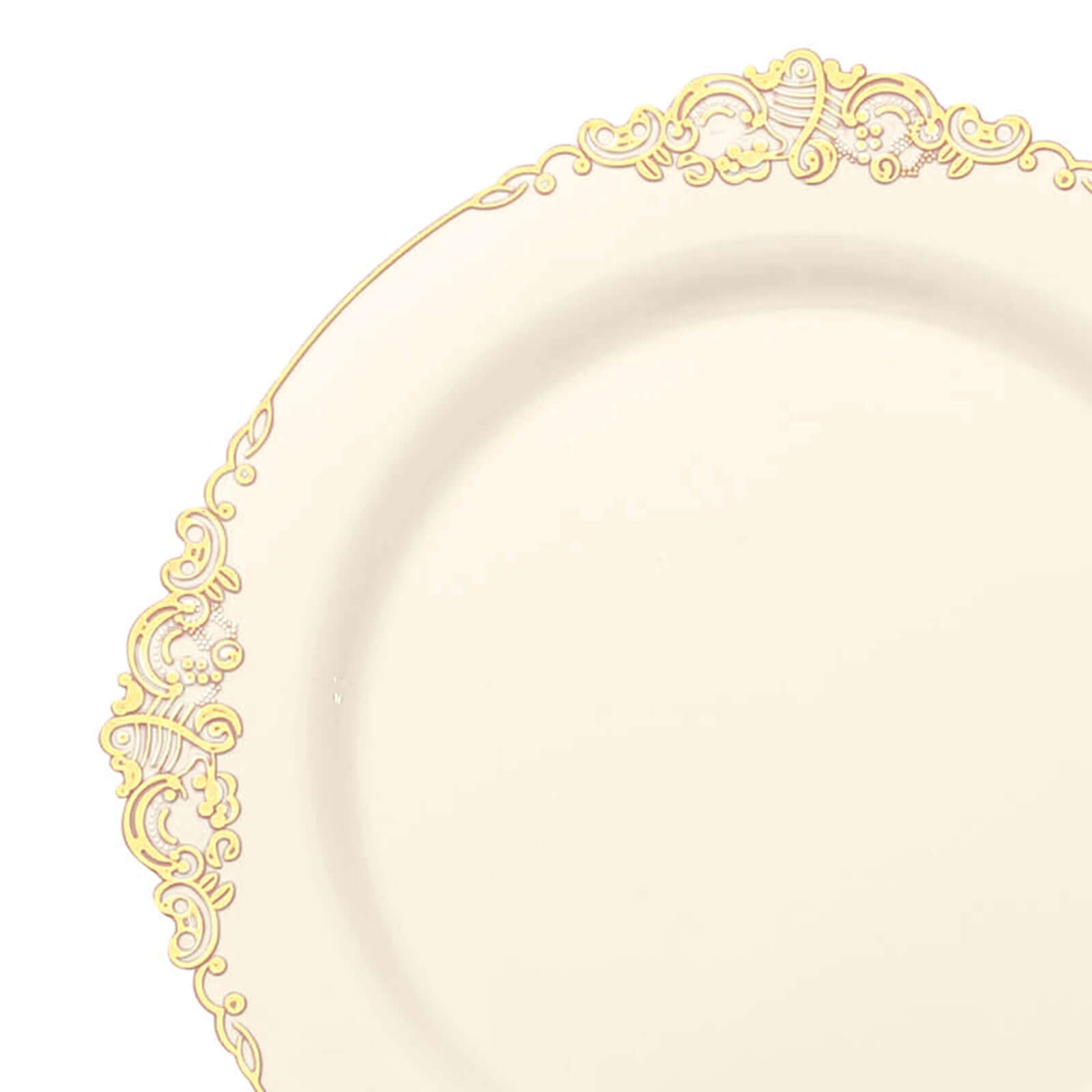 10-Pack Plastic 8" Round Dessert Plates in Ivory with Gold Leaf Embossed Rim - Disposable Vintage Baroque Style Salad Plates