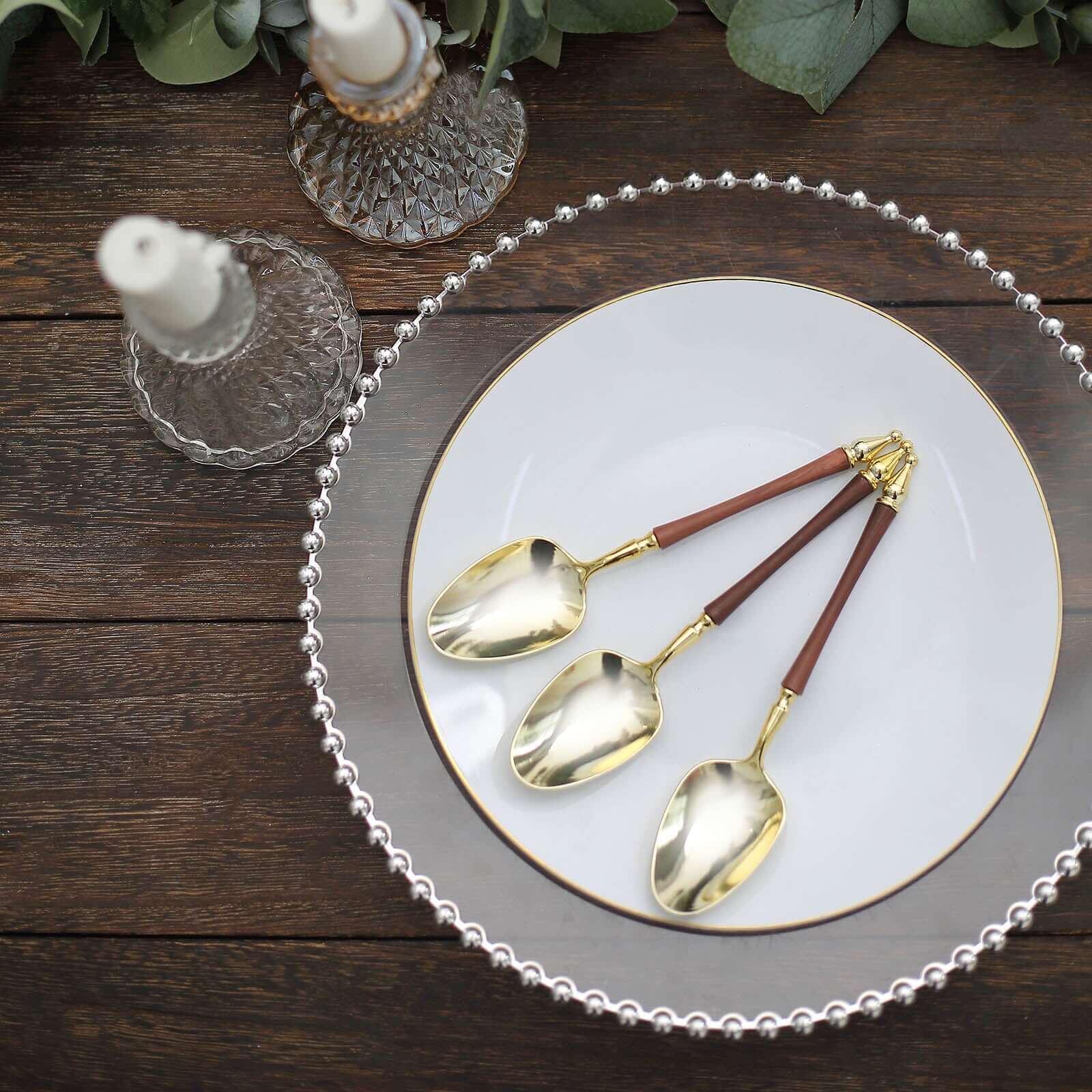 24-Pack Plastic Dessert Spoons with Roman Column Handle Gold/Brown - European Style Disposable Utensils 6"