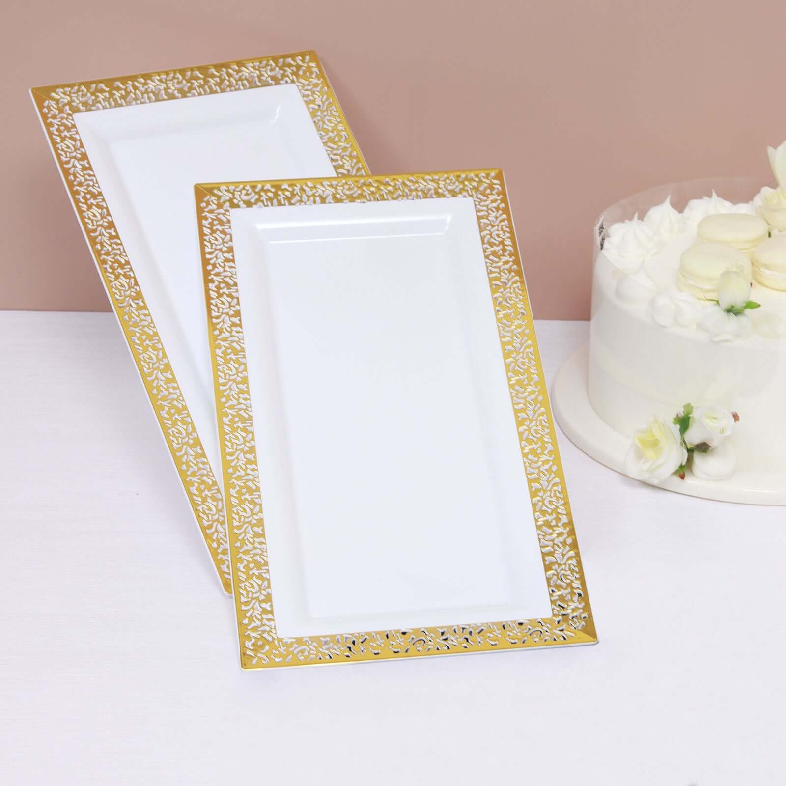 4-Pack Plastic 14" Rectangle Serving Trays White with Gold Lace Rim - Chic Decorative Table Tray Platters for Buffets Banquets Dinner Parties
