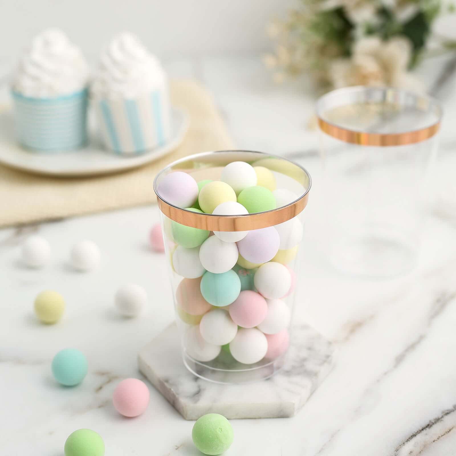 12-Pack Plastic Party Cups Clear with Rose Gold Rim - Durable Disposable Tumblers for Banquets & Special Occasions 10oz