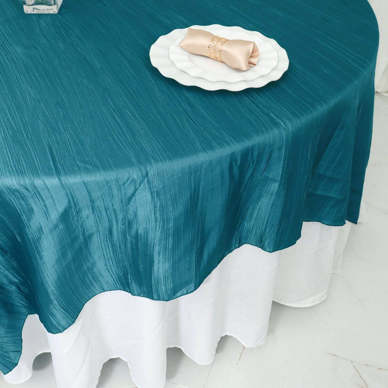 Taffeta 90"x90" Table Overlay Square Tablecloth Peacock Teal - Accordion Crinkle Table Cover