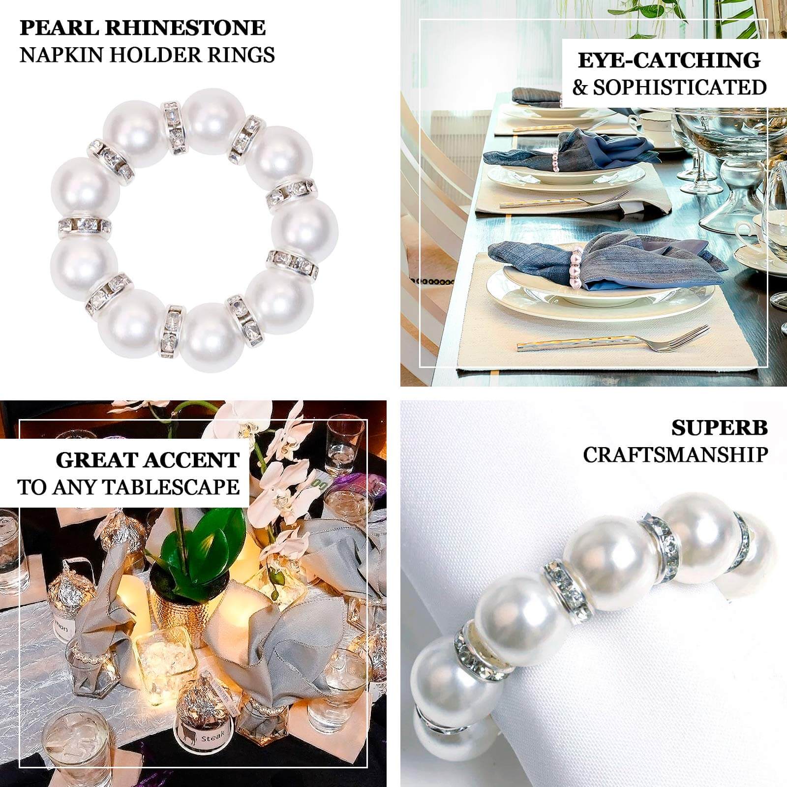 4 Pack 1.5" White Pearl Beads and Silver Rhinestone Napkin Rings, Elegant Round Serviette Buckle Napkin Holders