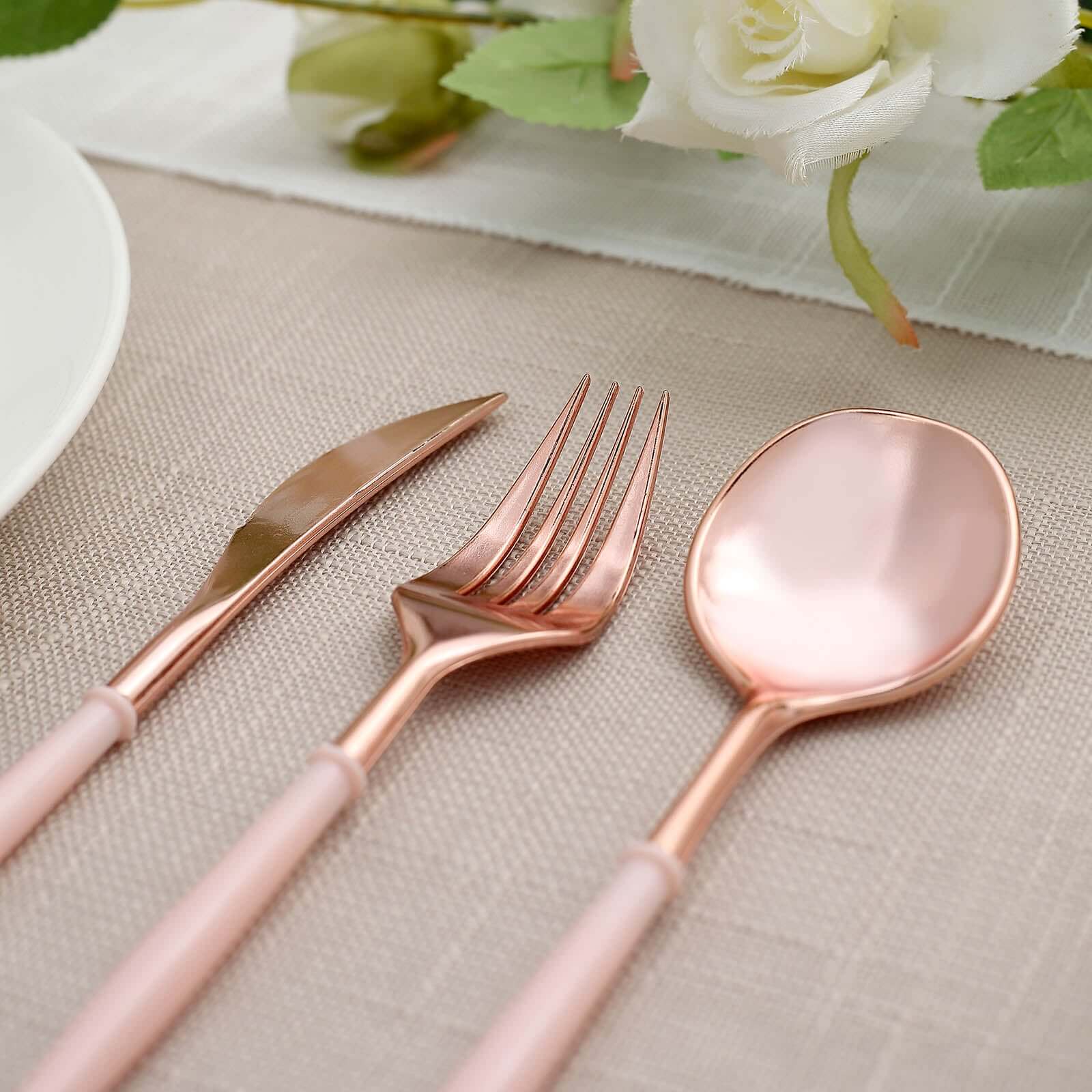 24-Pack Plastic Flatware Set in Rose Gold with Blush Handle - Heavy Duty Disposable Modern Silverware 8"