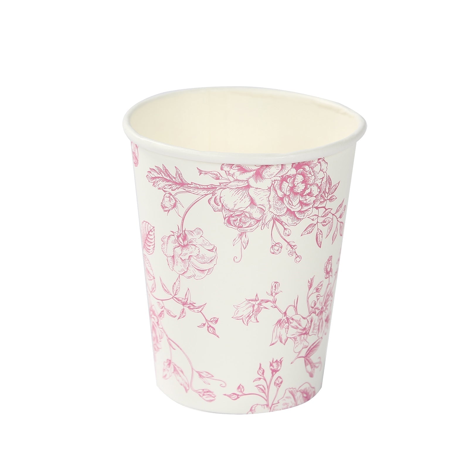 24-Pack Paper Cups in White with Pink French Toile Print - Stylish Disposable Floral Party Cups for Weddings & All Purpose Use 9oz