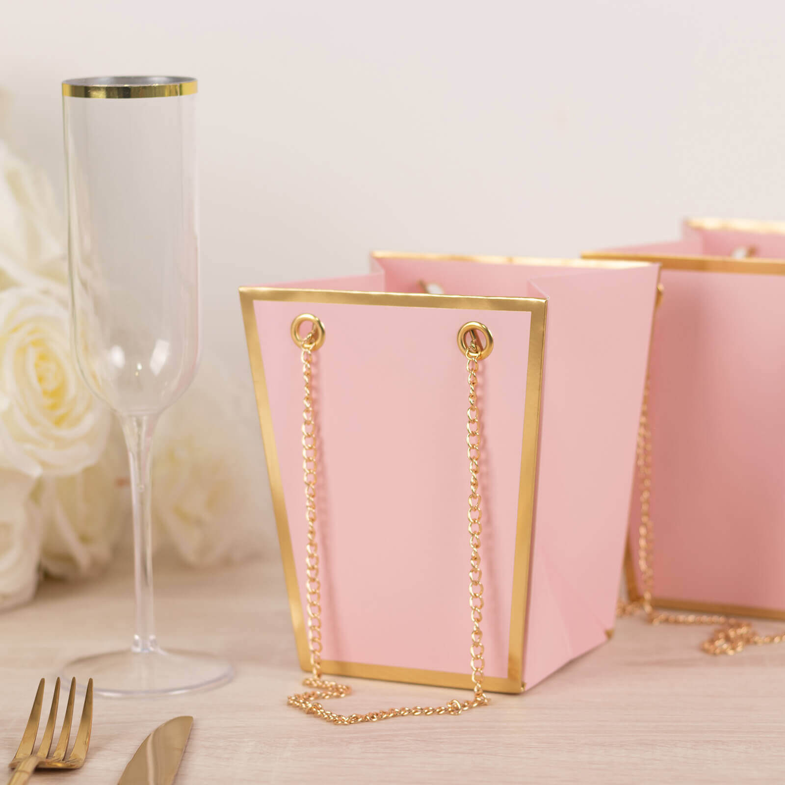 6 Pack Pink Gold Edge Paper Flower Gift Bags With Metal Chain Handles, Trapezoid Party Favor Tote Bags - 5"x6"