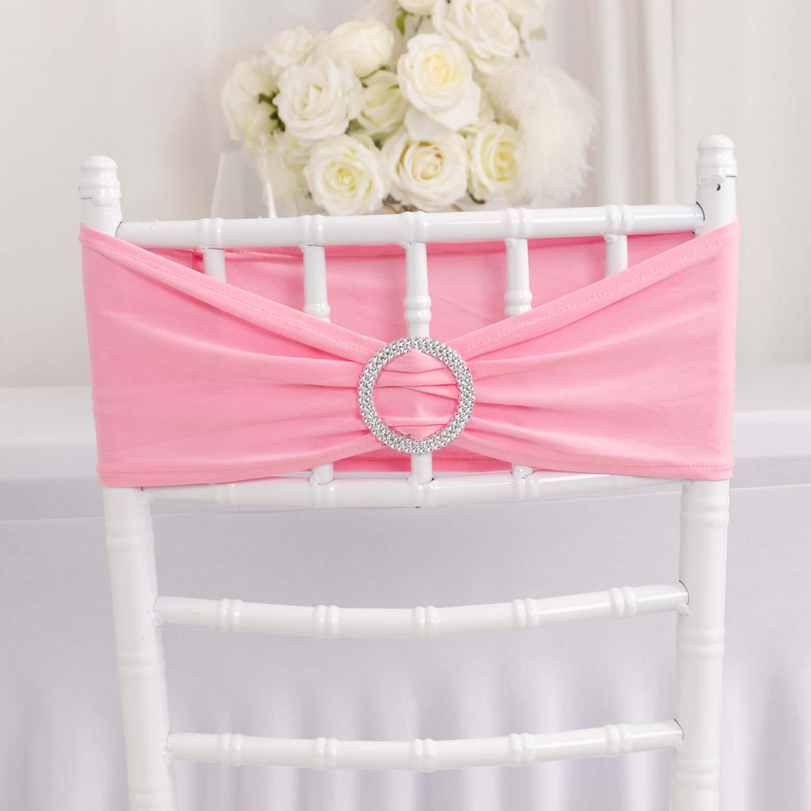 5 Pack Stretch Spandex Chair Sashes Pink - Reusable Chair Bands with Silver Diamond Ring Slide Buckle 5"x14"