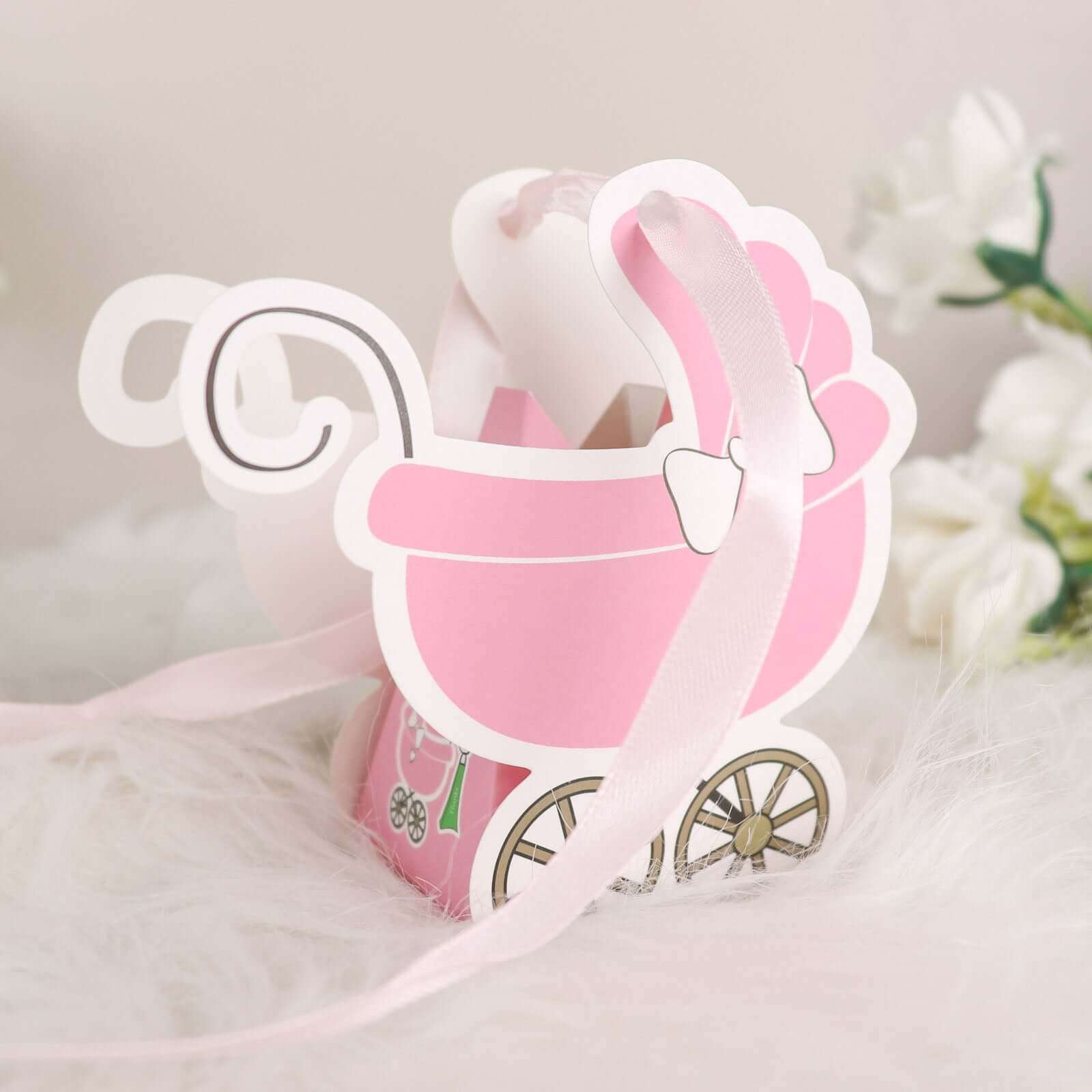 25 Pack Pink Baby Paper Stroller Party Favor Gift Boxes, Cardstock Carriage Candy Boxes with Ribbon Ties - 4.5"x2"x4"