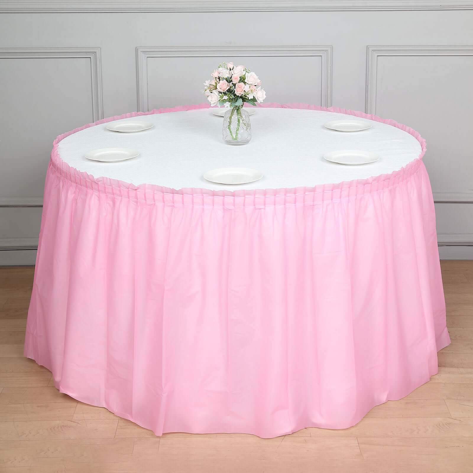 Plastic Table Skirt Pink Ruffled - Durable Disposable Skirt for Events 14ft