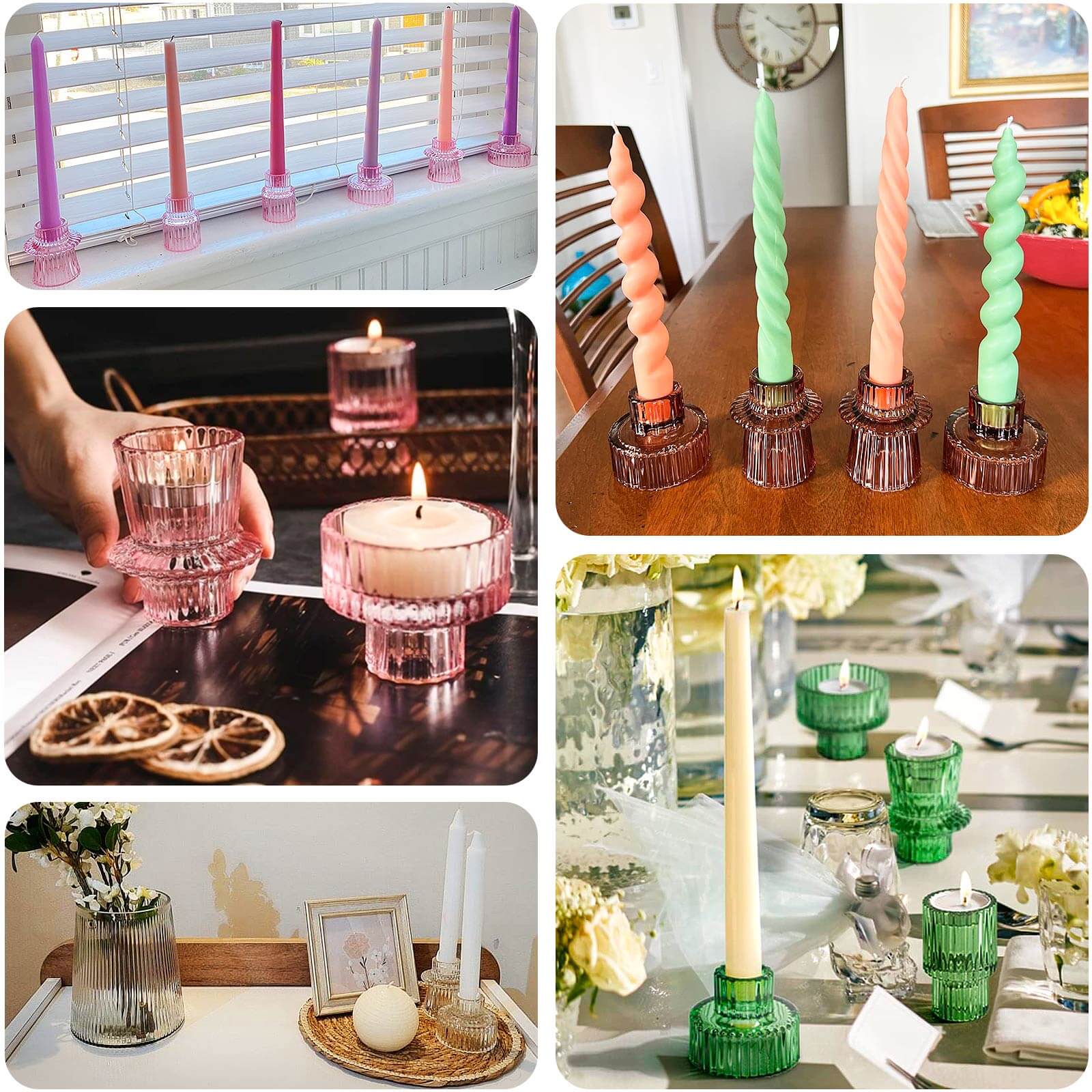 Set of 6 Glass Taper Candle Holders Ribbed Crystal Design Pink - Reversible Mini Votive Tealight Stands 3"