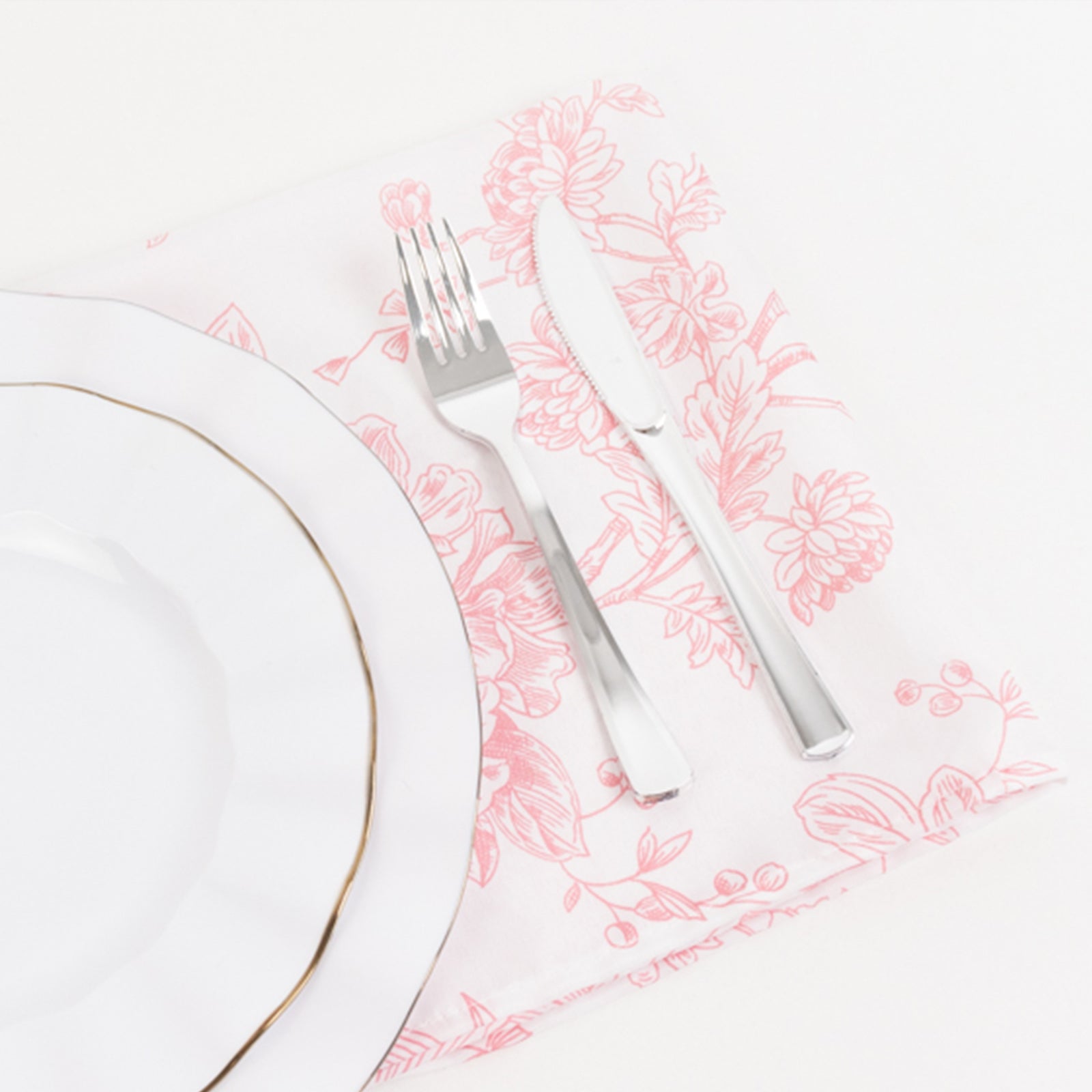 5 Pack Polyester 20"x20" Dinner Napkins White with Pink French Toile Pattern - Reusable Floral Cloth Napkins